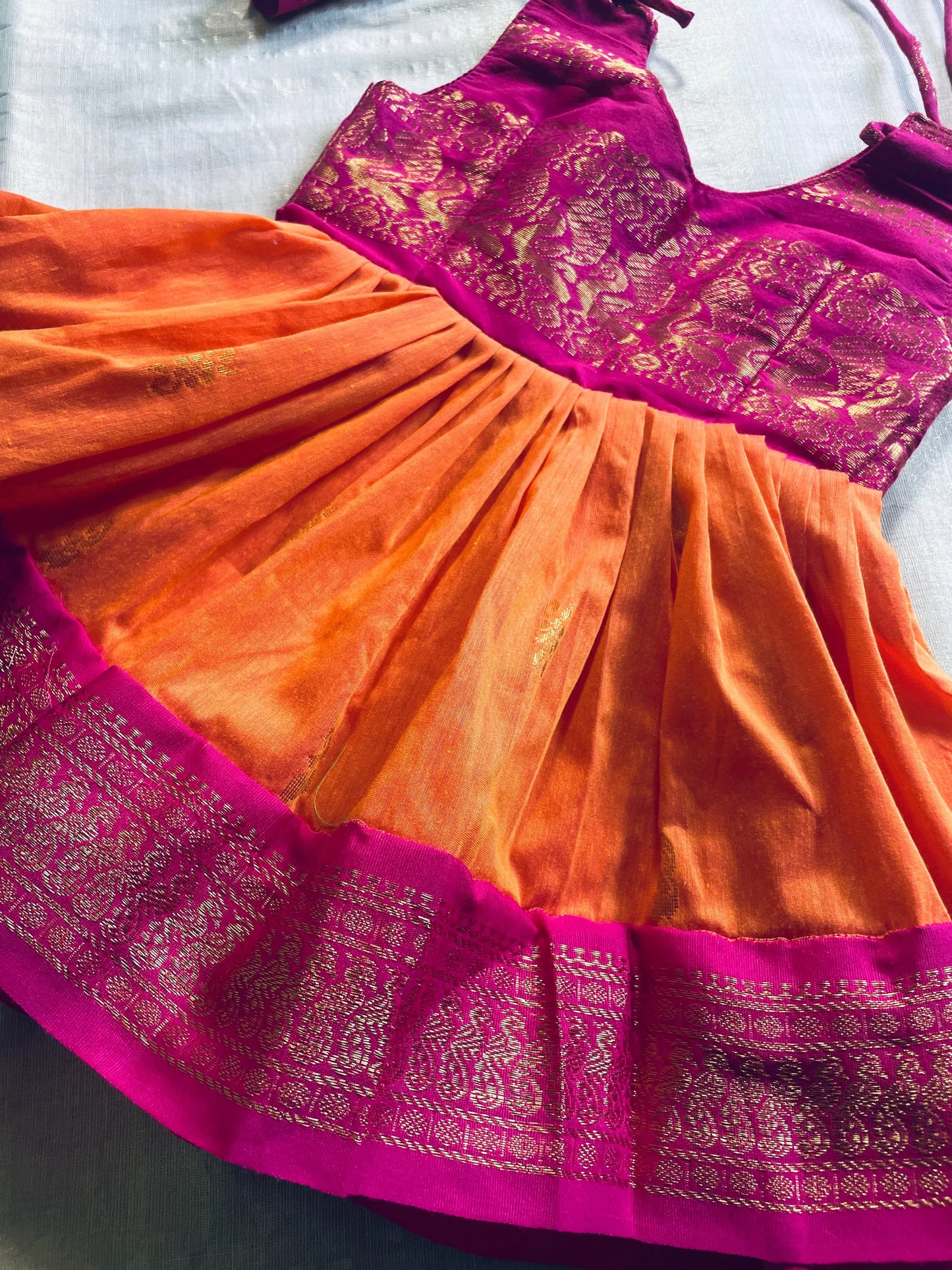 Pink and orange tie up ethnic dress soft kalyani cotton with zari border for baby girl