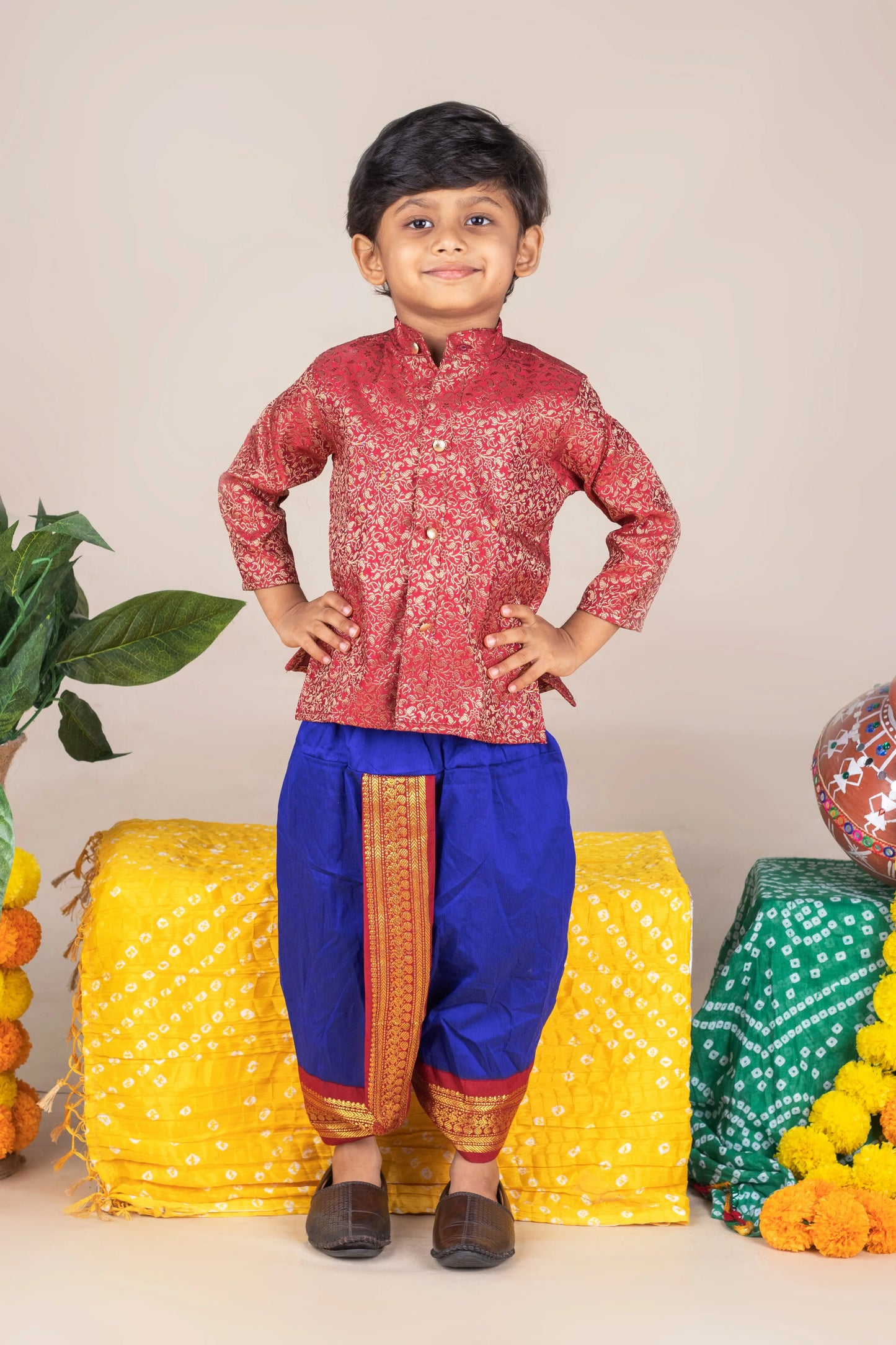 Maroon with royal blue kurta dhoti ethnic wear for baby boy