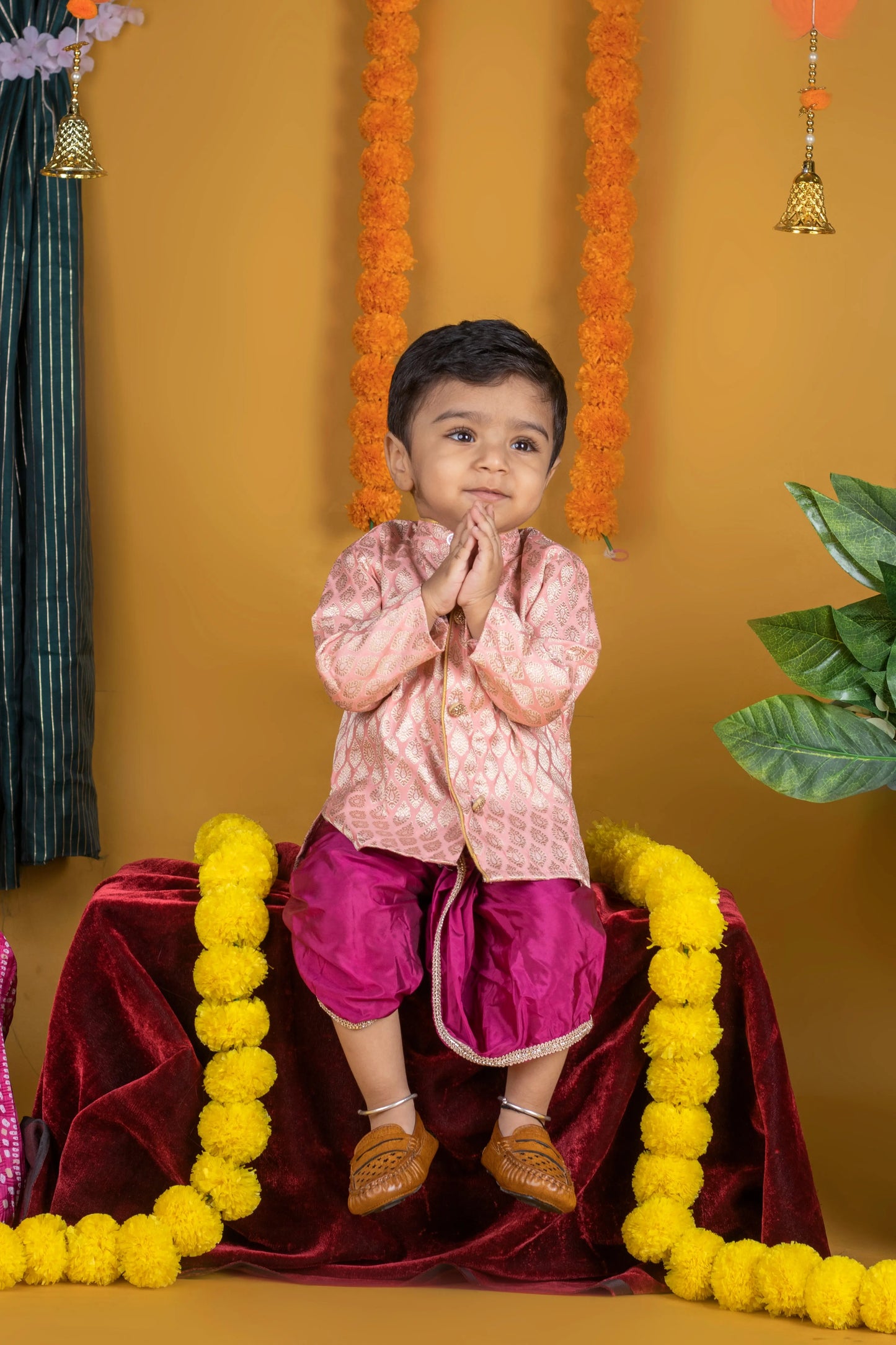 Simple pink and magenta kurta dhoti pure silk set ethnic wear for baby boy