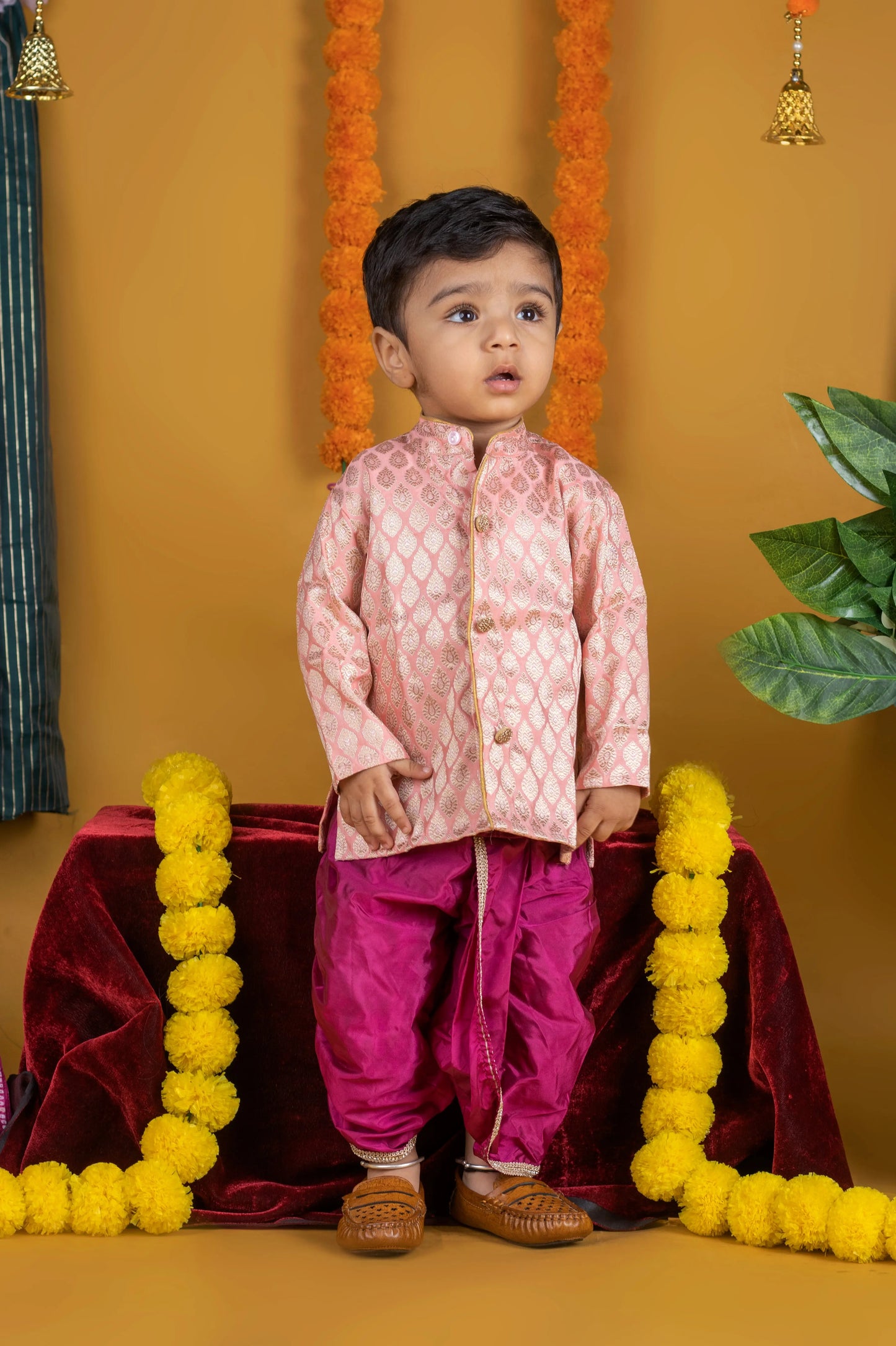 Simple pink and magenta kurta dhoti pure silk set ethnic wear for baby boy