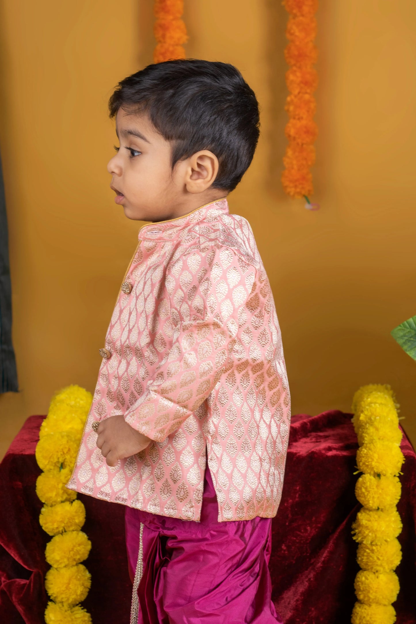 Simple pink and magenta kurta dhoti pure silk set ethnic wear for baby boy