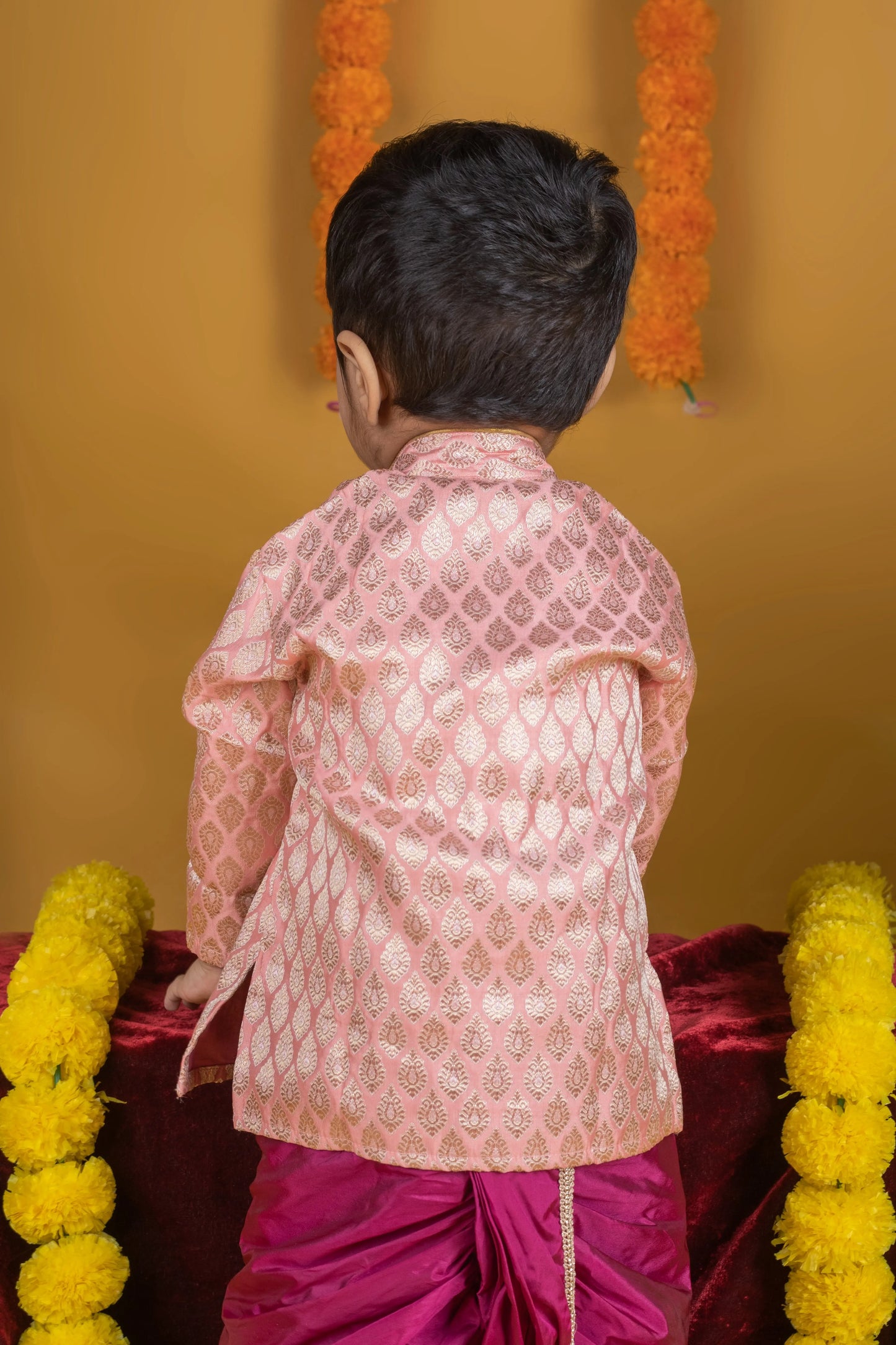 Simple pink and magenta kurta dhoti pure silk set ethnic wear for baby boy