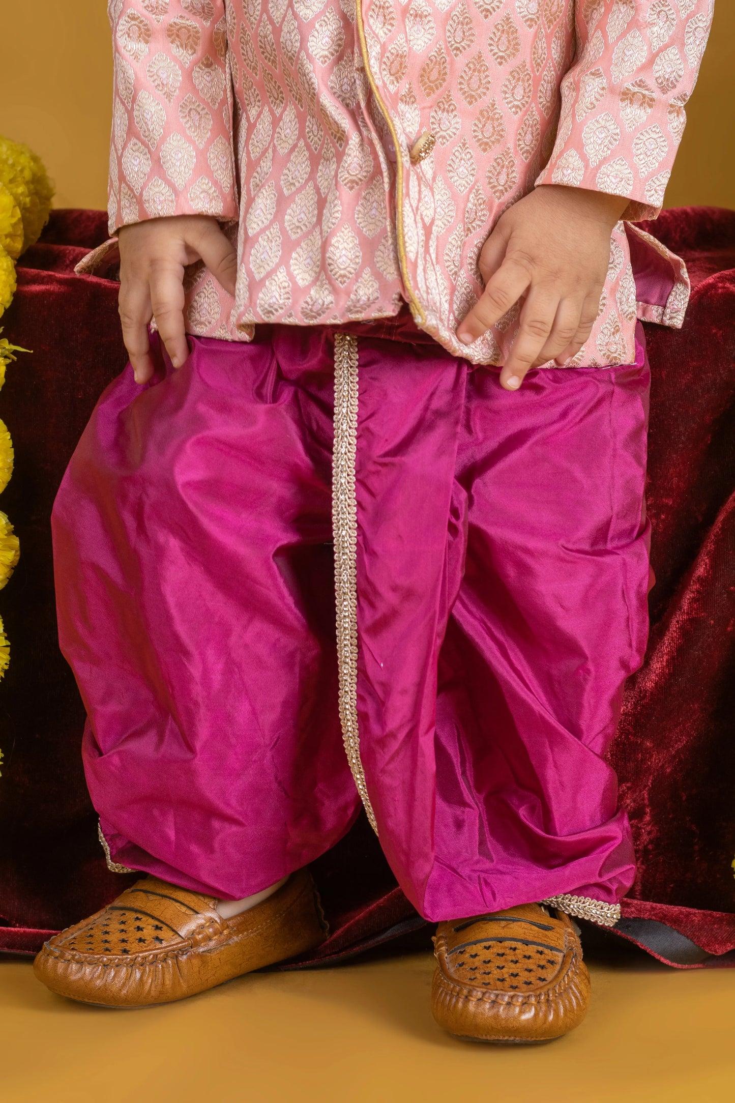 Simple pink and magenta kurta dhoti pure silk set ethnic wear for baby boy