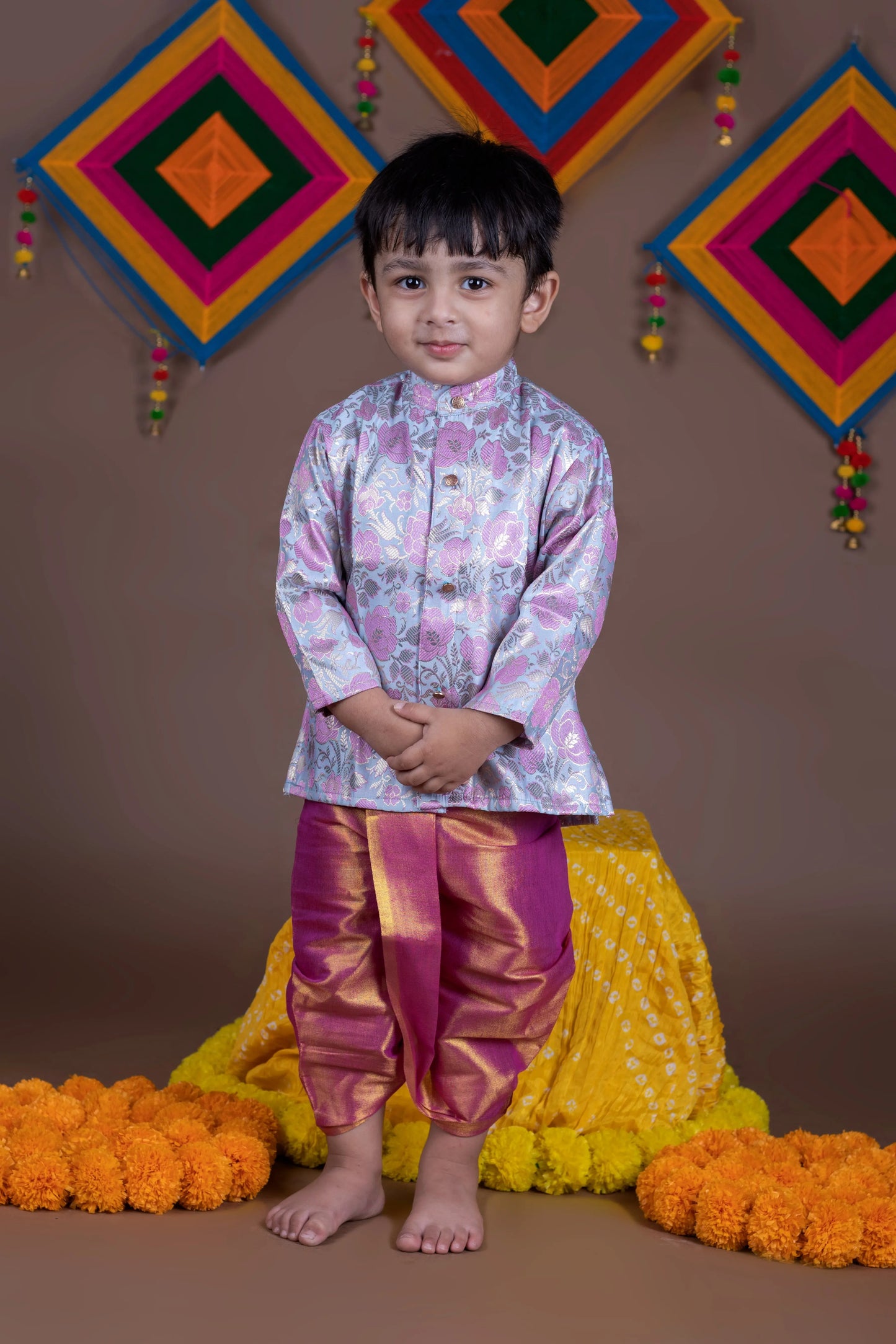 Pastel blue with rose pink kurta dhoti ethnic wear for baby boy