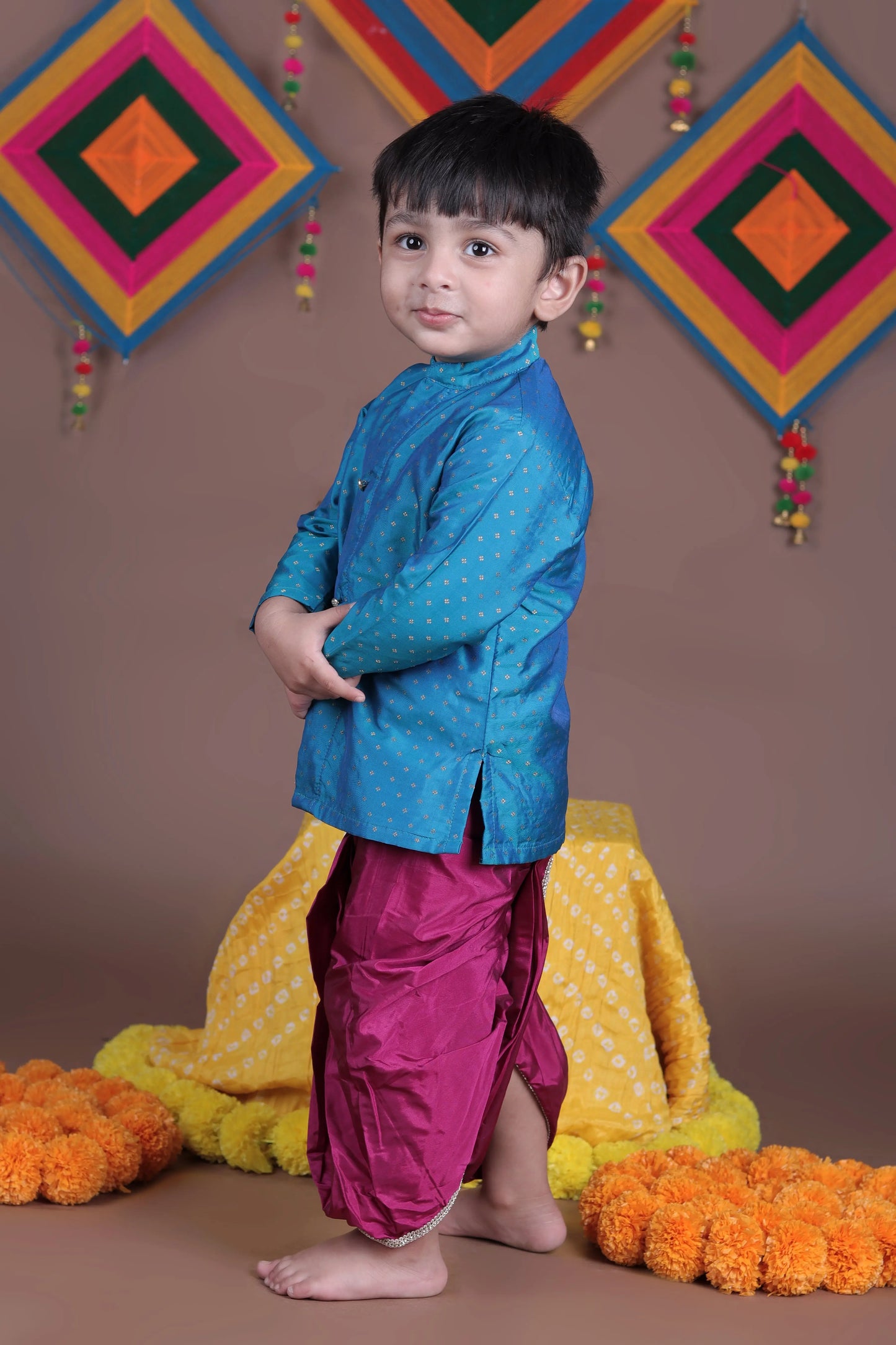 Aqua Blue and Pink Silk kurta dhoti ethnic dress for baby boy