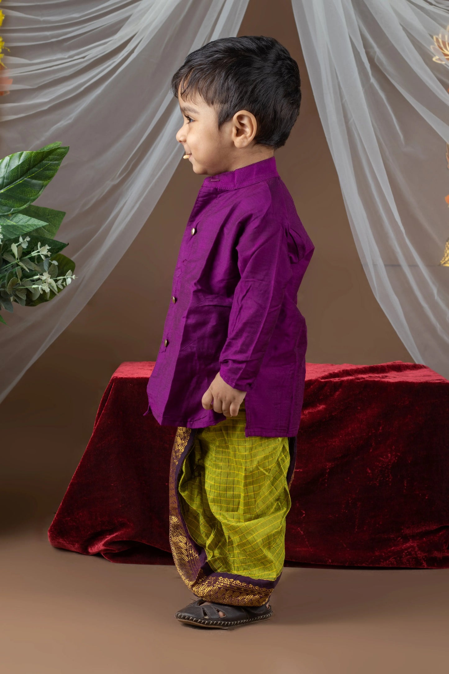 Wine and checked green dhoti with zari border ethnic wear for baby boy