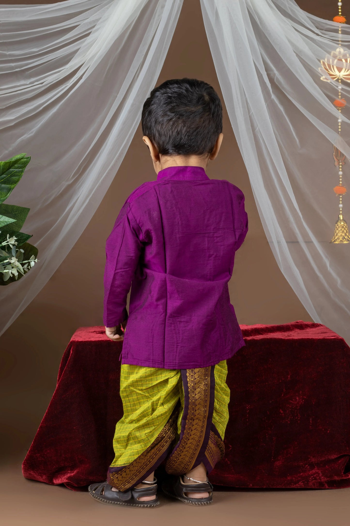 Wine and checked green dhoti with zari border ethnic wear for baby boy