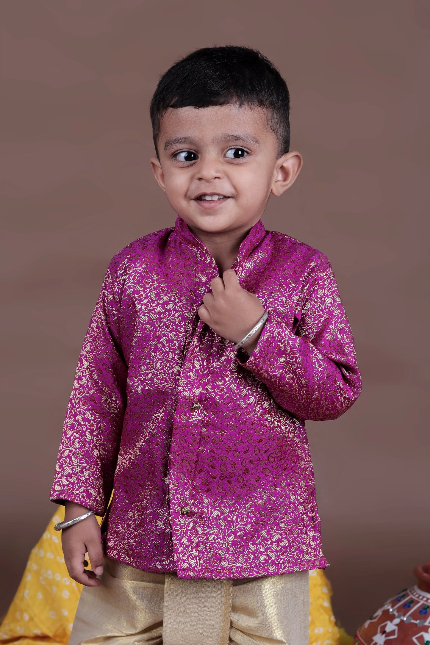 Pinkish purple and gold kurta dhoti pure silk set ethnic wear for baby boy