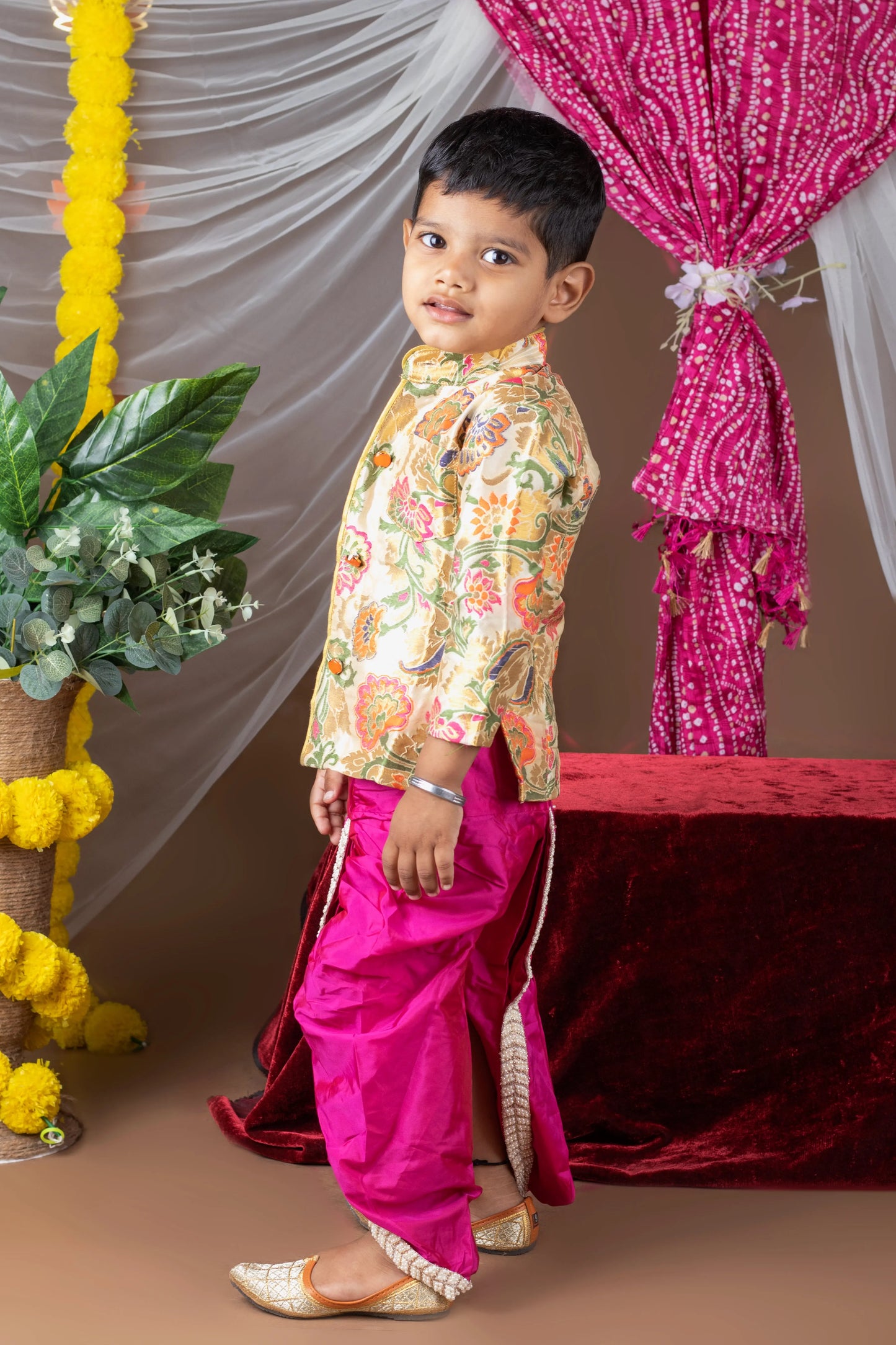 Kalamkari kurta with pink silk dhoti ethnic wear for baby boy