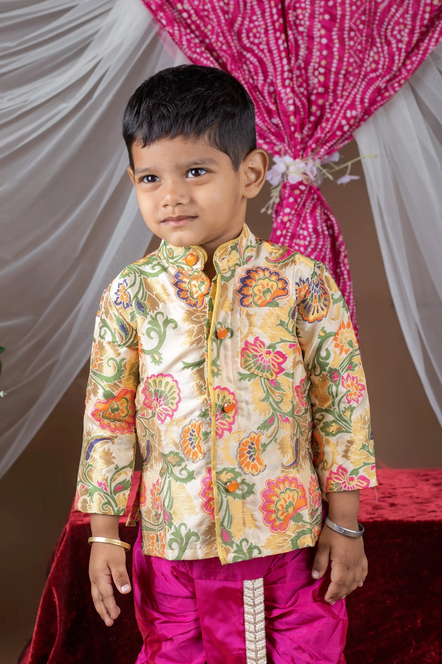 Kalamkari kurta with pink silk dhoti ethnic wear for baby boy