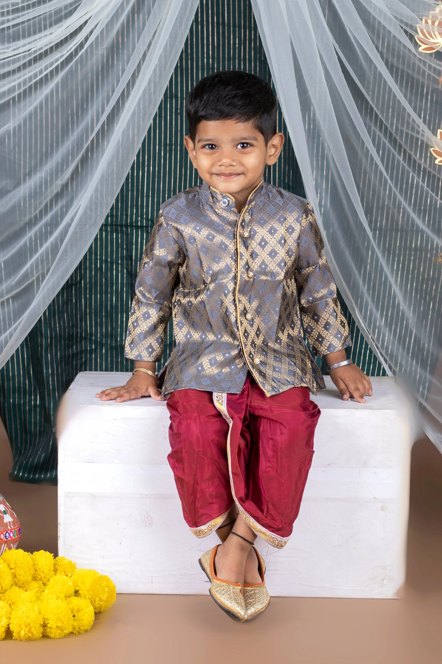 Grey with maroon silk kurta dhoti ethnic wear for baby boy