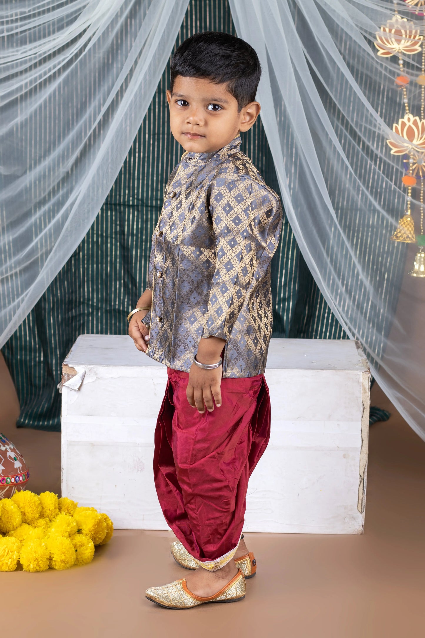 Grey with maroon silk kurta dhoti ethnic wear for baby boy
