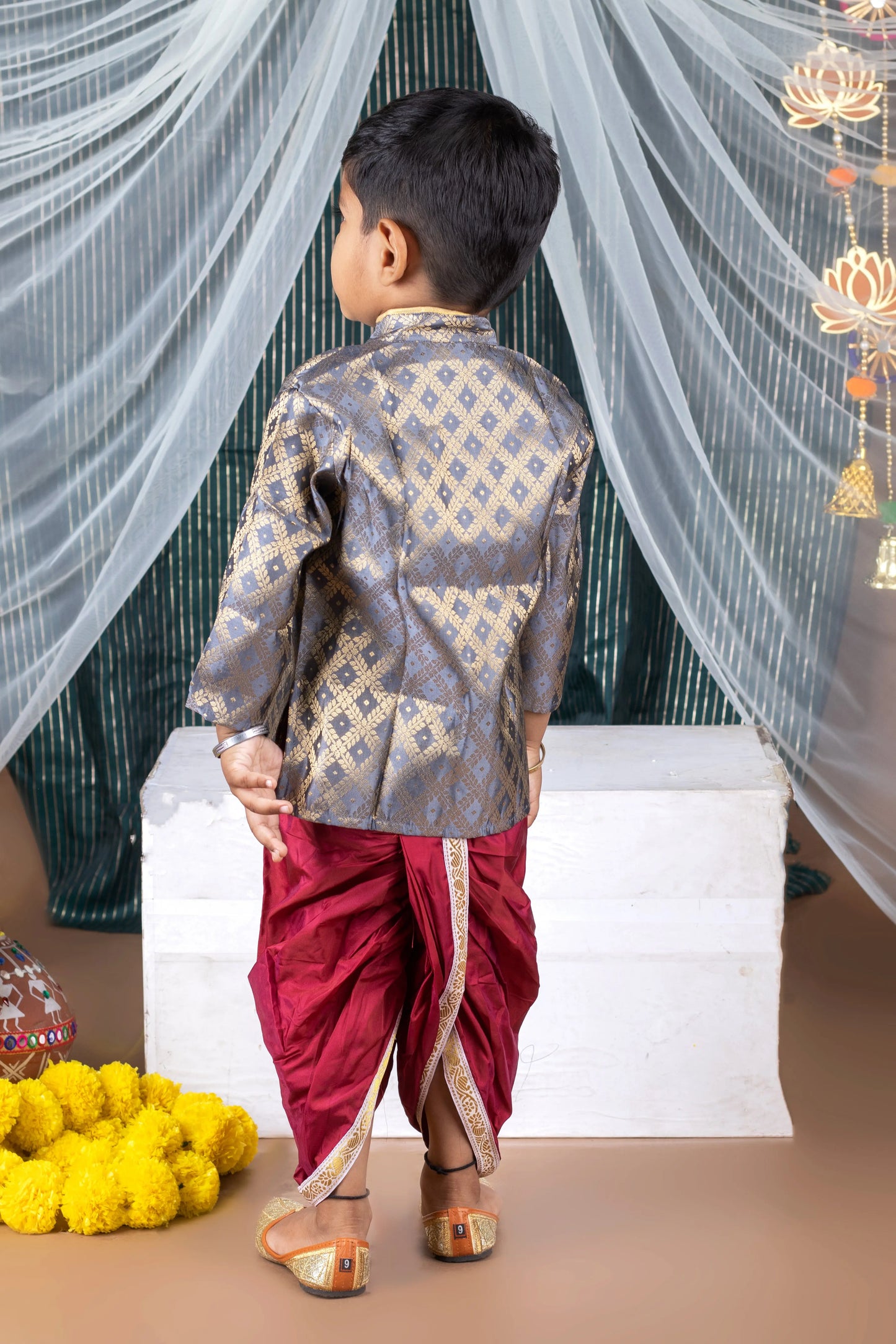 Grey with maroon silk kurta dhoti ethnic wear for baby boy