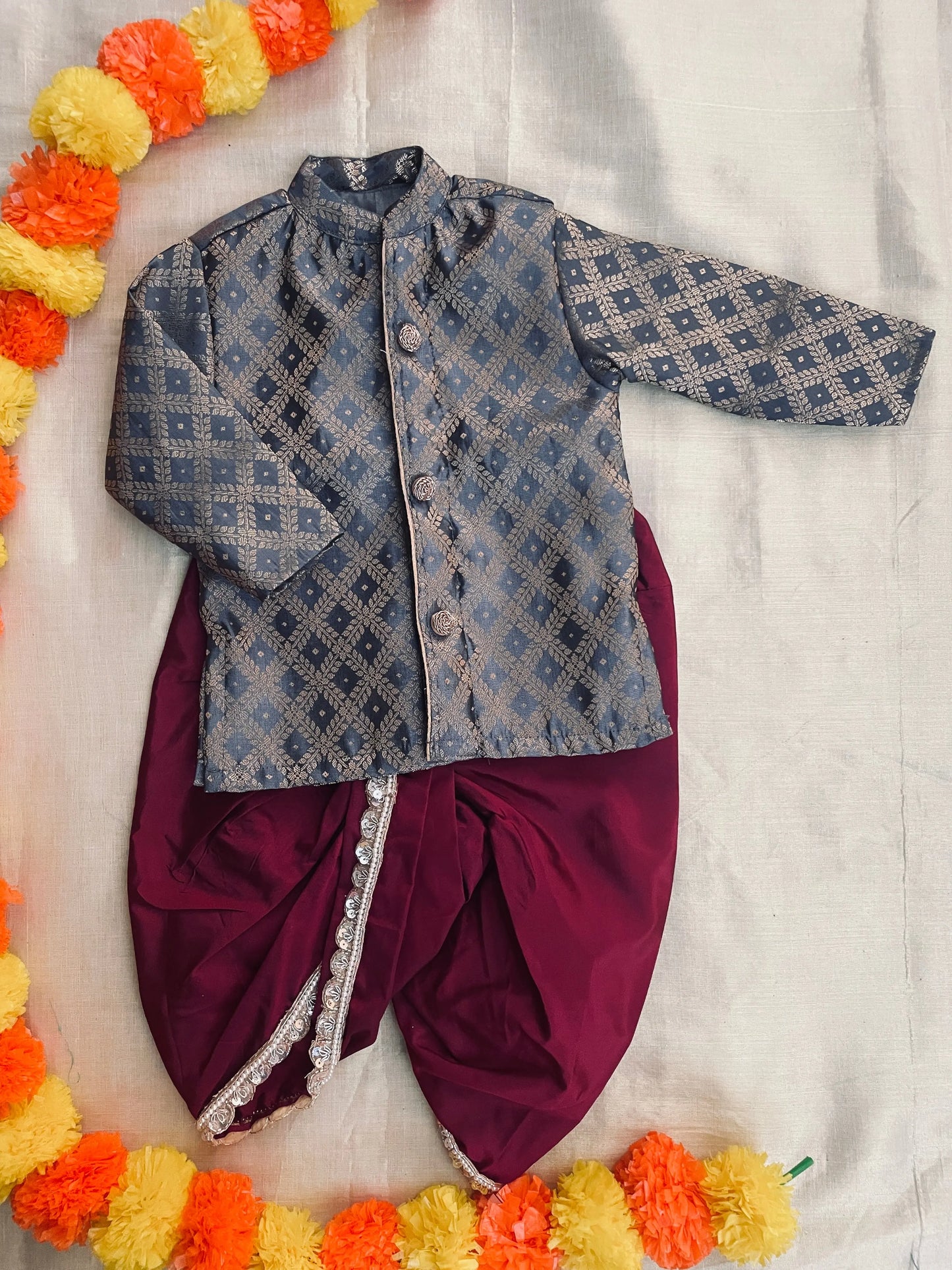 Grey with maroon silk kurta dhoti ethnic wear for baby boy