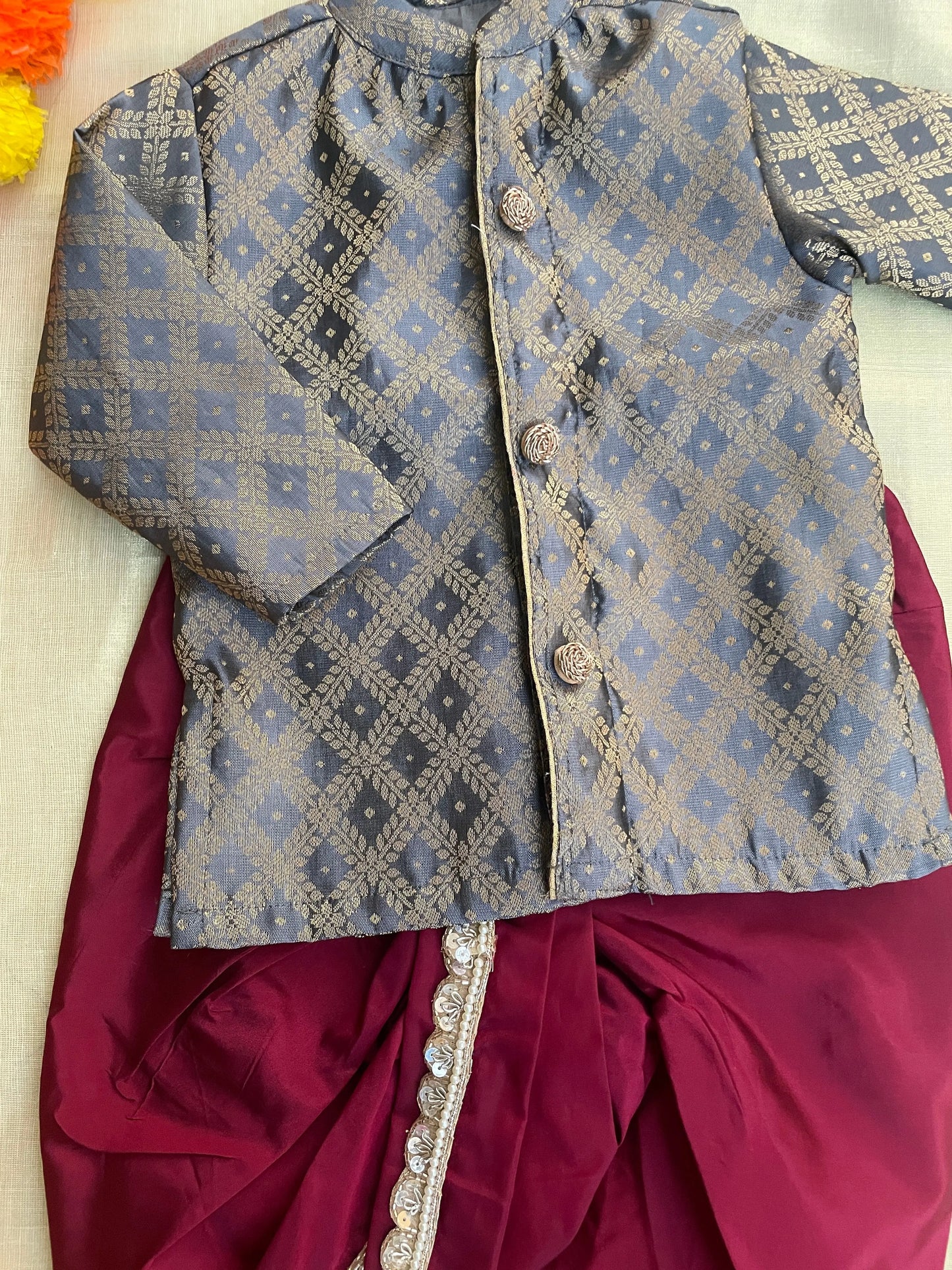 Grey with maroon silk kurta dhoti ethnic wear for baby boy