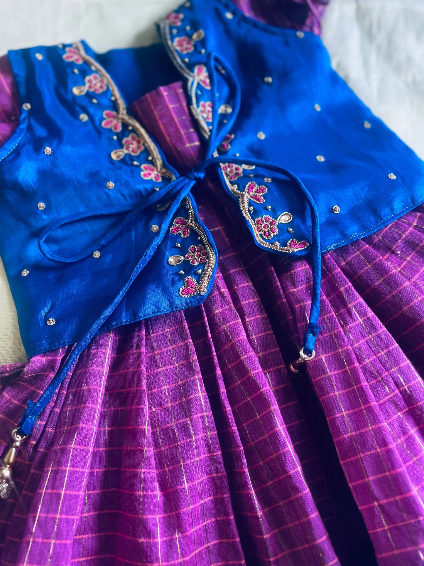 Traditional blue and pink checked langa jacket ethnic wear for baby girl