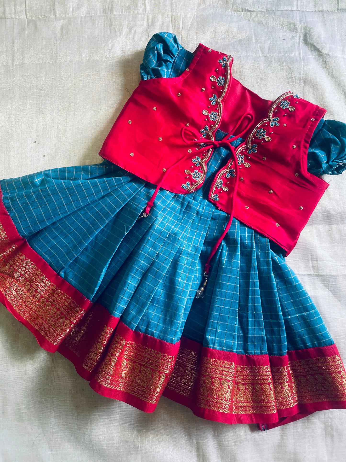 Traditional red and powder blue ethnic wear langa jacket for baby girl