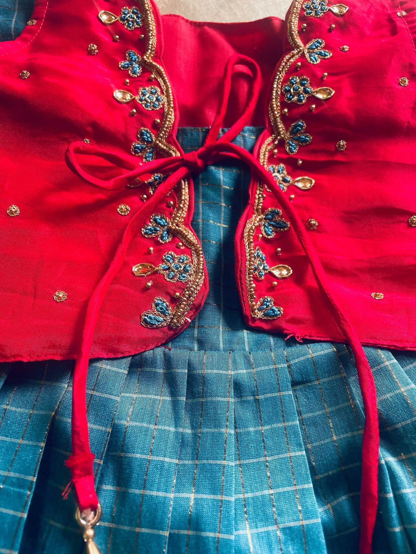 Traditional red and powder blue ethnic wear langa jacket for baby girl