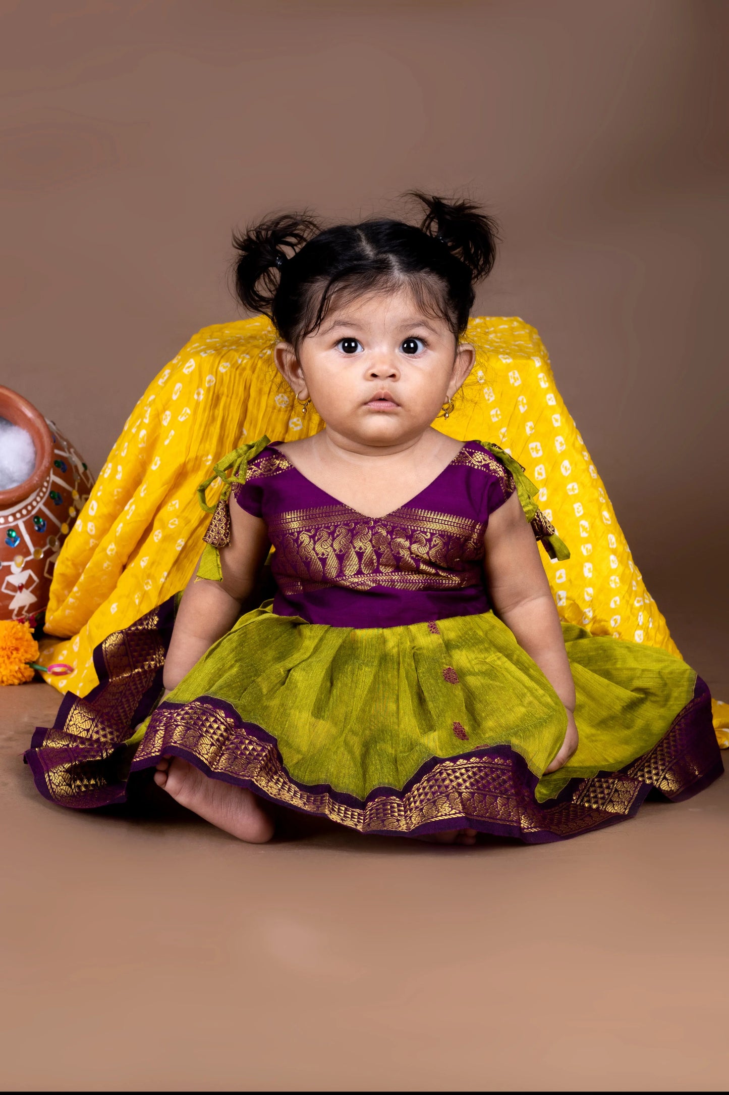Green and Wine Tie-Up Ethnic Wear for Girls – Traditional Dress for Baby Girl