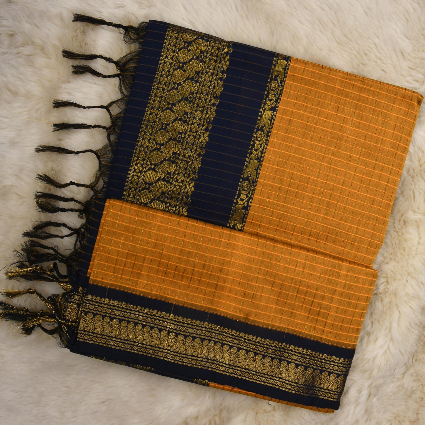 Mustard yellow and navy blue border - Premium Checked Cotton Silk Saree with Contrast Blouse