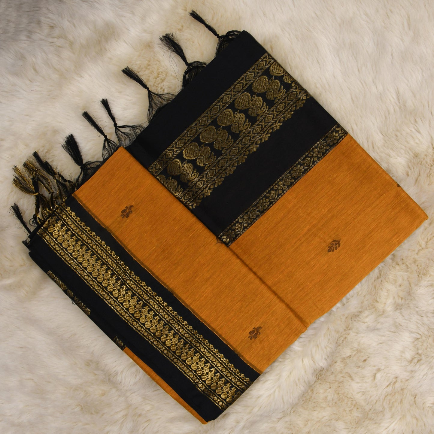 Mustard yellow and black border - Premium Cotton Silk Saree with Contrast Blouse