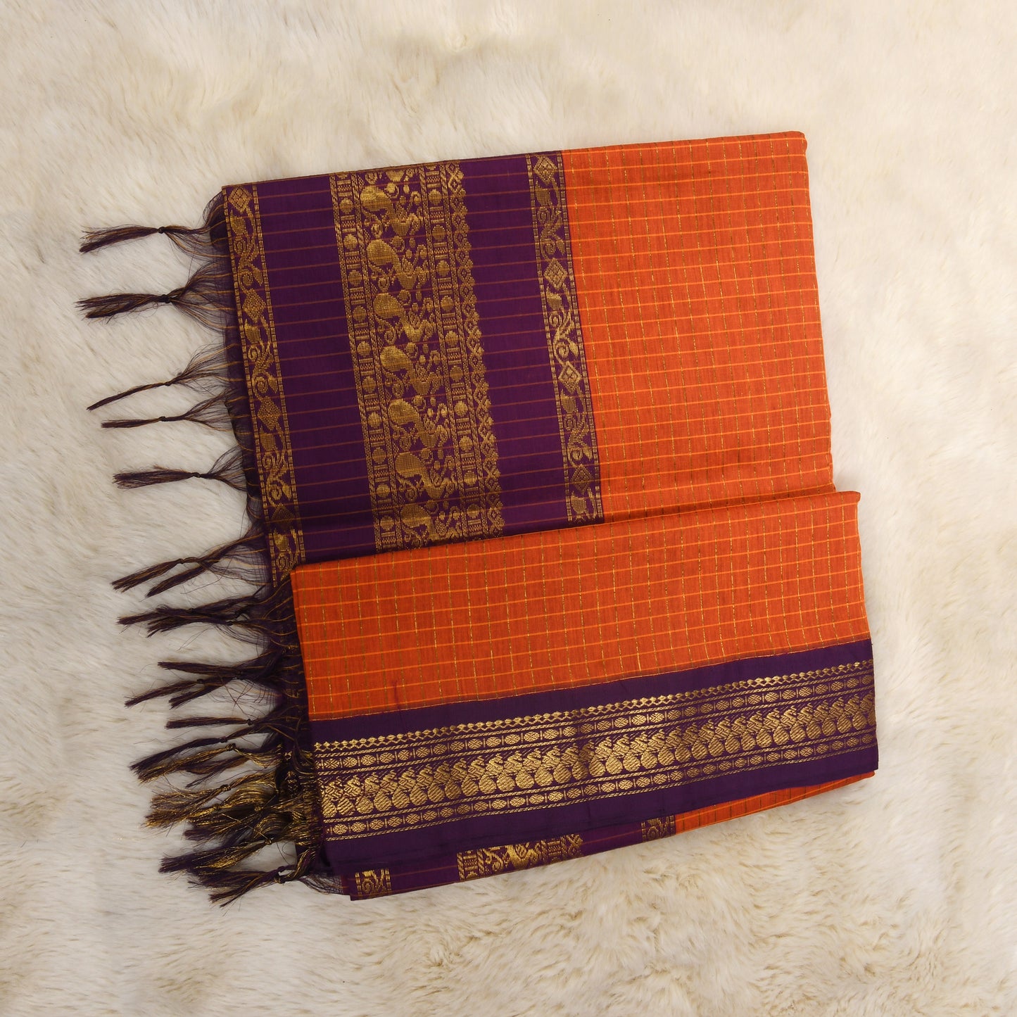 Orange with wine border with zari work - Premium Cotton Silk Saree with Contrast Blouse