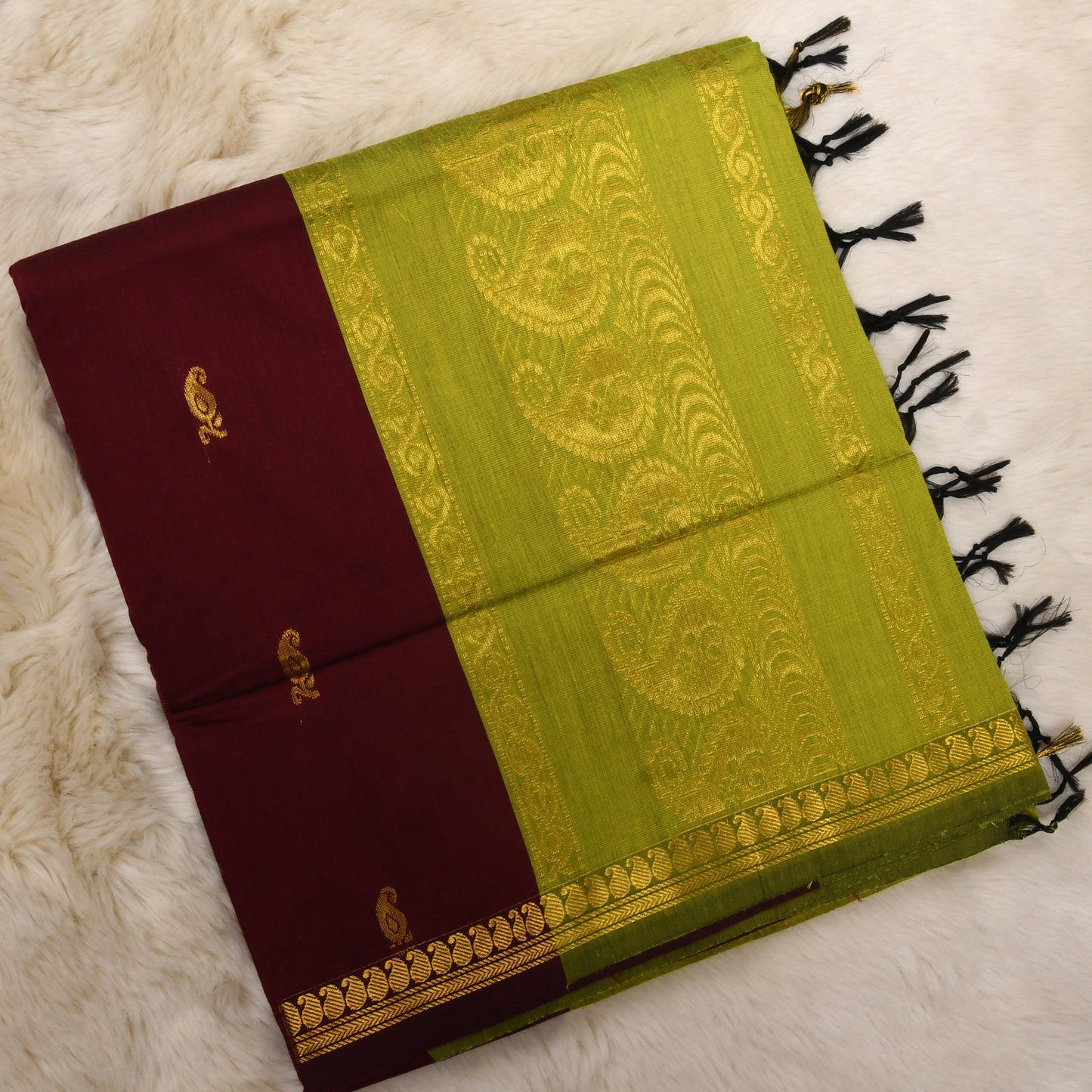 Maroon and Green - Premium Cotton Silk Saree with Contrast Blouse