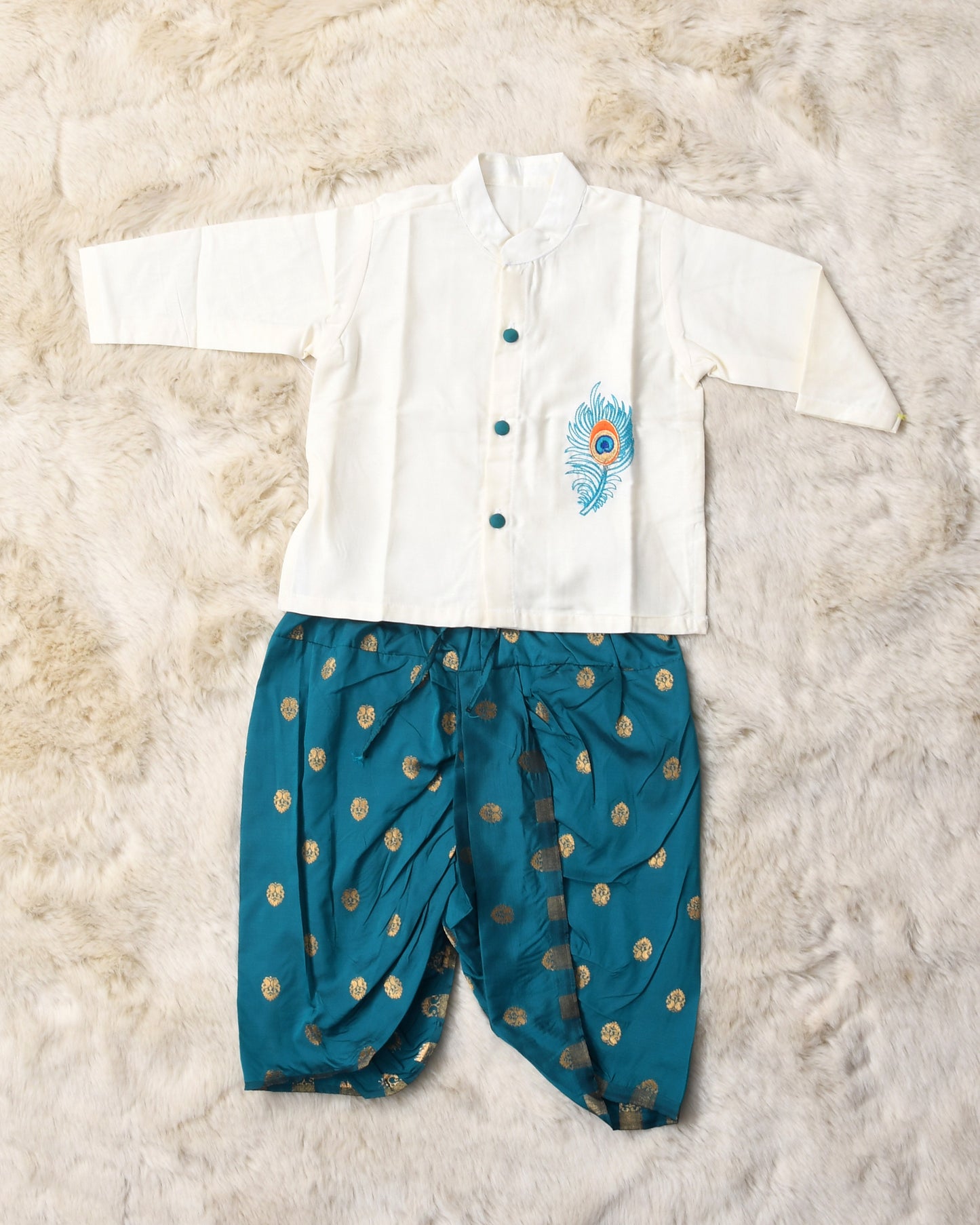 Baby Boy Krishna Dress (Big Butta) - White and peacock blue feather embroidered kurta dhoti ethnic dress for baby boy