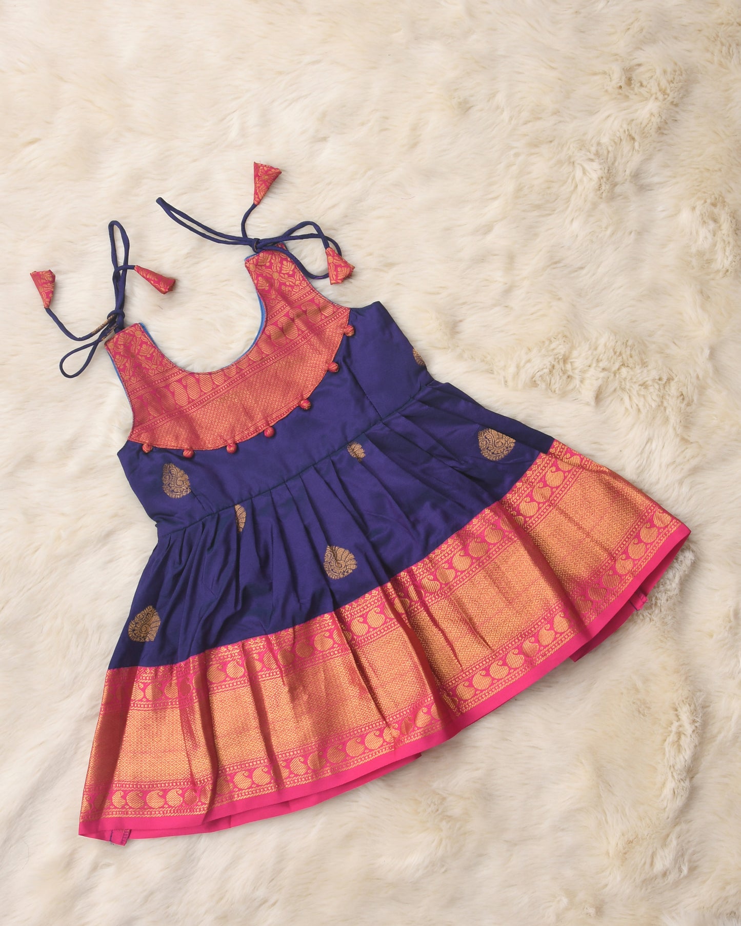Ahalya - Navy blue with candy pink pattu silk ethnic wear for baby girl