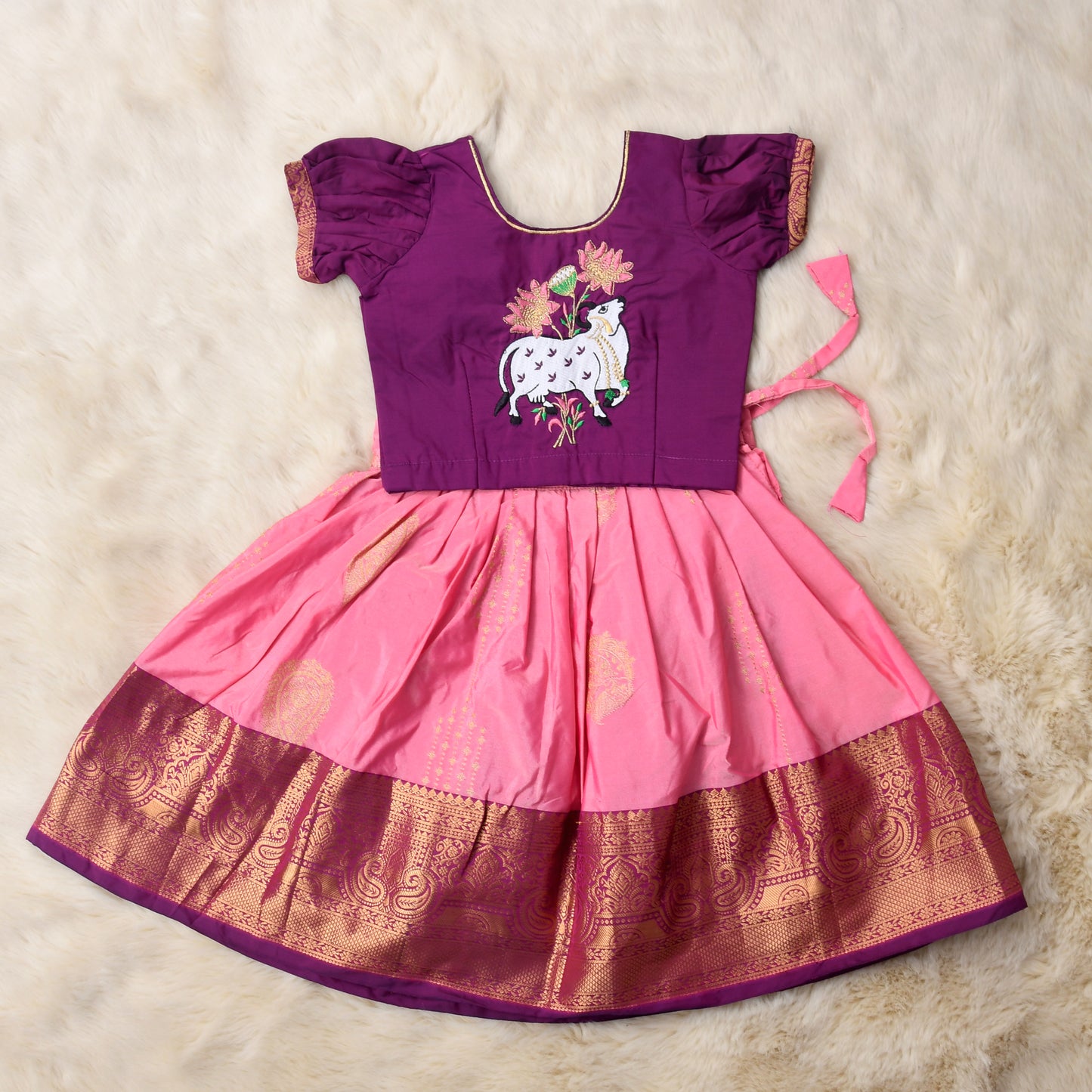 Revati - Grape purple and kamala pink traditional langa blouse kamadenu cow embroidered zari border ethnic wear pattu pavadai silk for baby girl