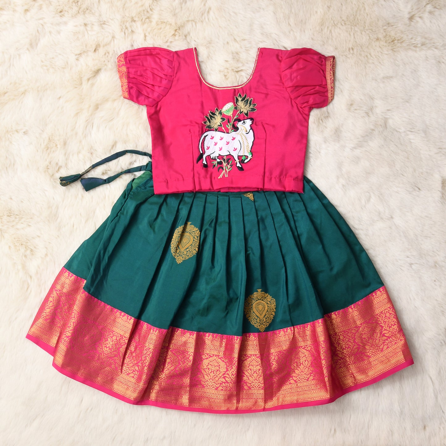 Shashthi - Tulip Pink and Leafy Green traditional langa blouse kamadenu cow embroidered zari border ethnic wear pattu pavadai silk for baby girl