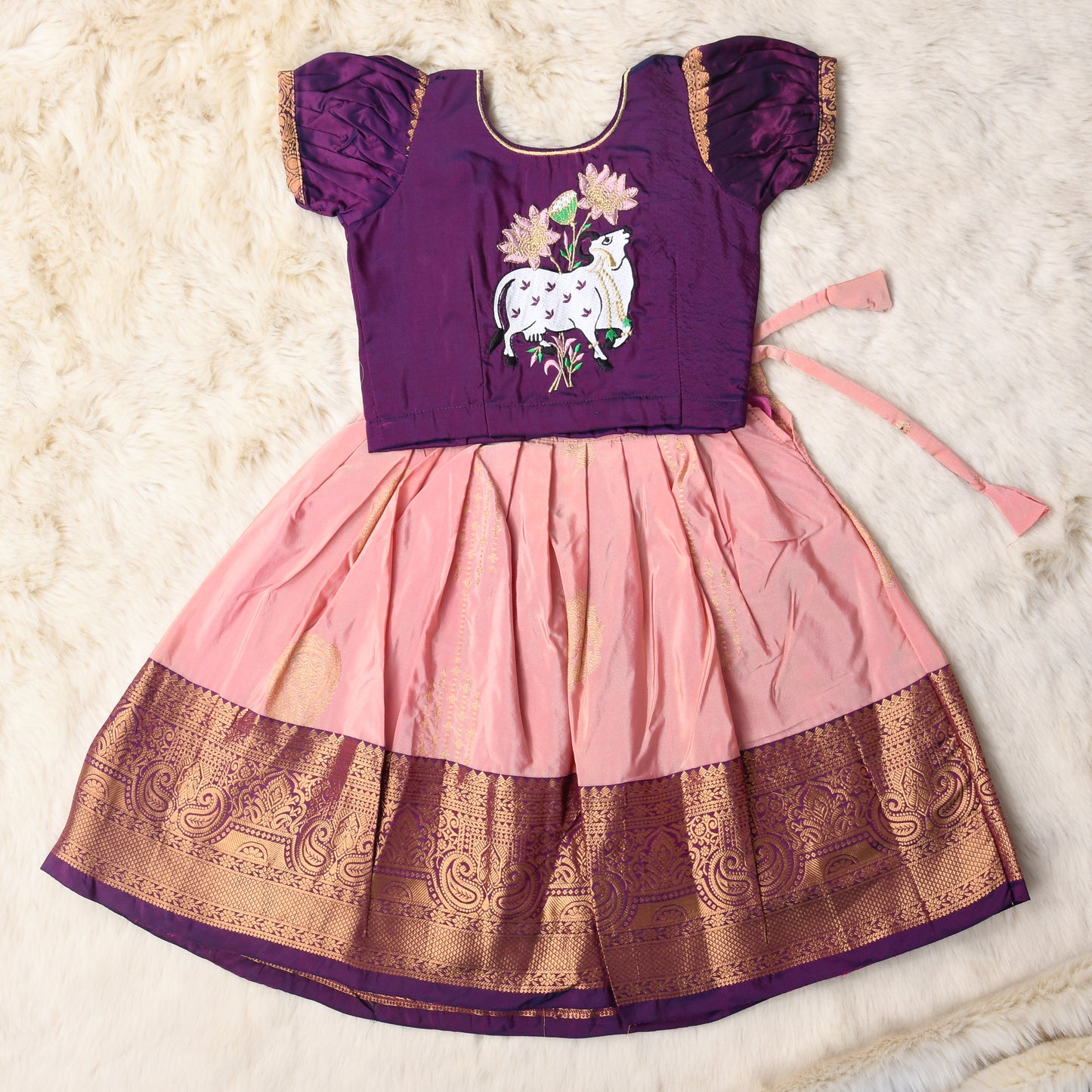 Mahavidya - Deep purple and blush pink traditional langa blouse kamadenu cow embroidered zari border ethnic wear pattu pavadai silk for baby girl