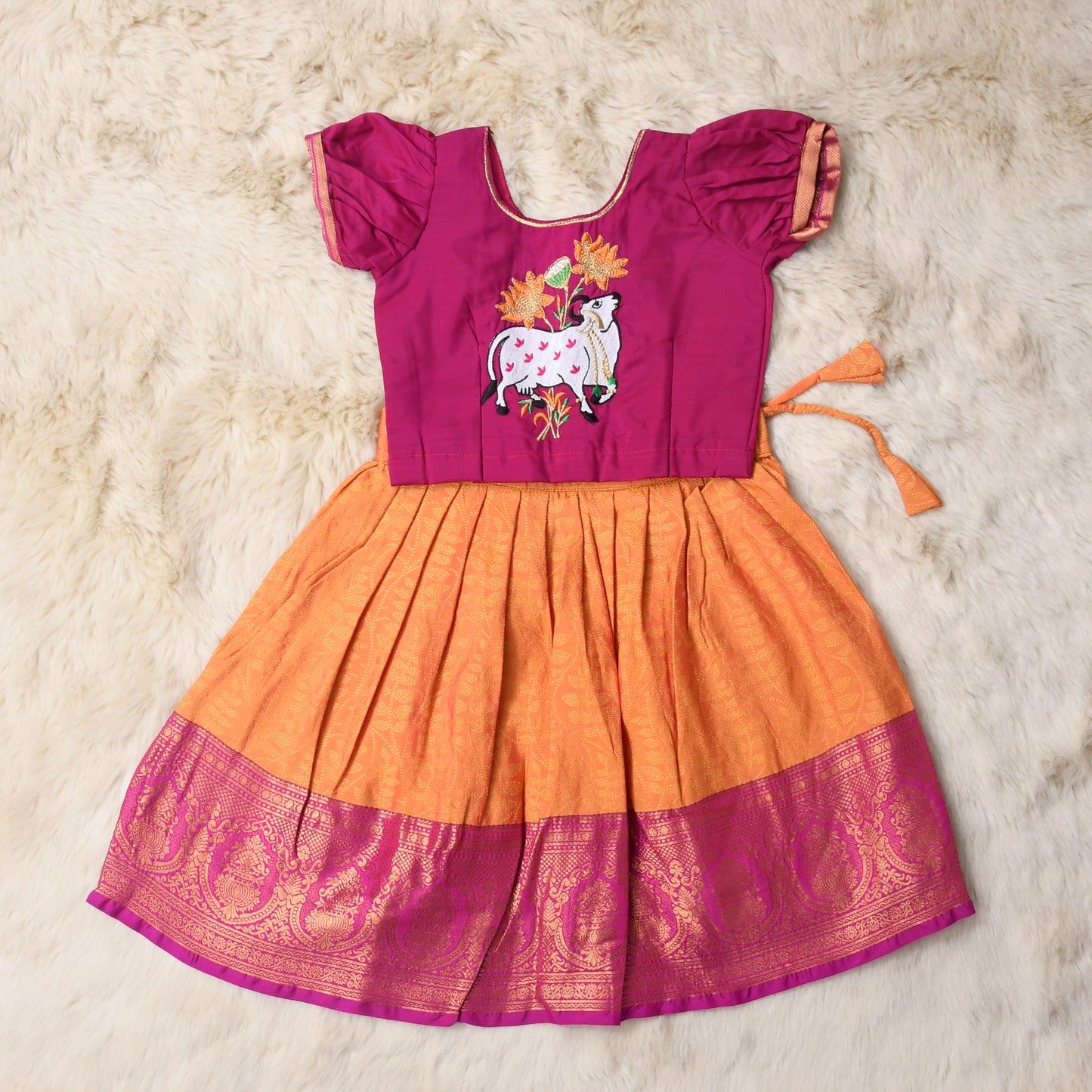 Radha - Hot Pink and Bright yellow traditional langa blouse kamadenu cow embroidered zari border ethnic wear pattu pavadai silk for baby girl