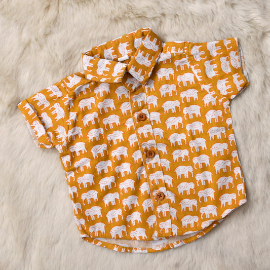 Indian print elephant mustard yellow - casual, comfortable, breathable, soft organic 100% cotton shirts for baby boy