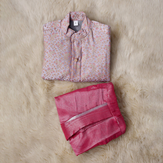 Cloudy grey and blush pink banarasi silk kurta dhoti ethnic wear for baby boy