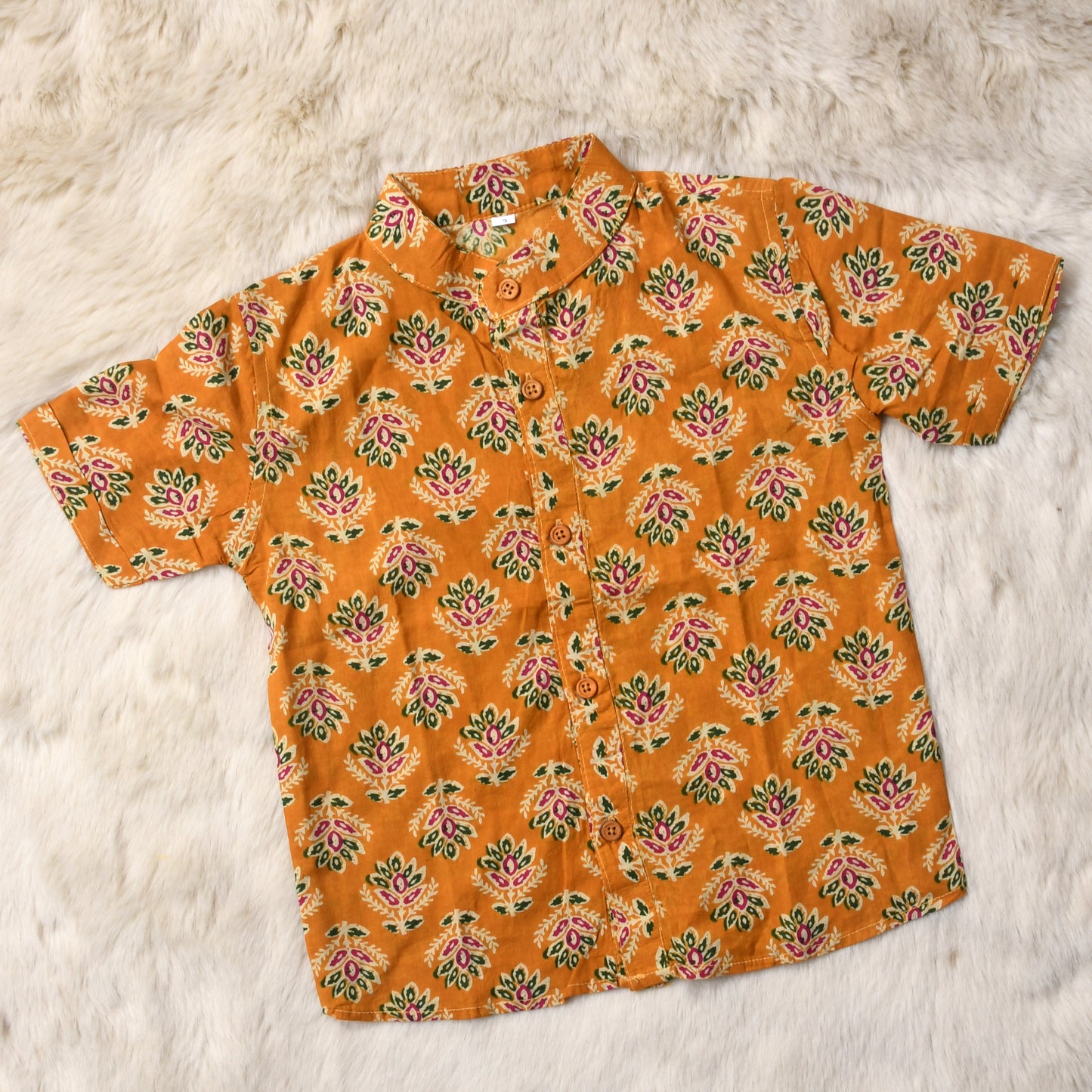 Indian print mustard yellow - casual, comfortable, breathable, soft organic 100% cotton chinese collar shirt for baby boy