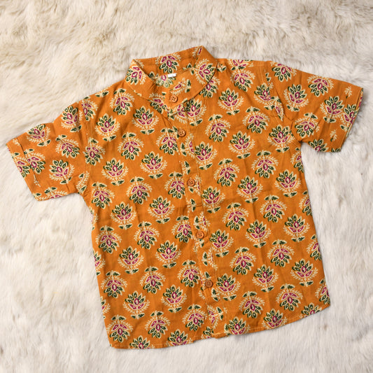 Indian print mustard yellow - casual, comfortable, breathable, soft organic 100% cotton chinese collar shirt for baby boy