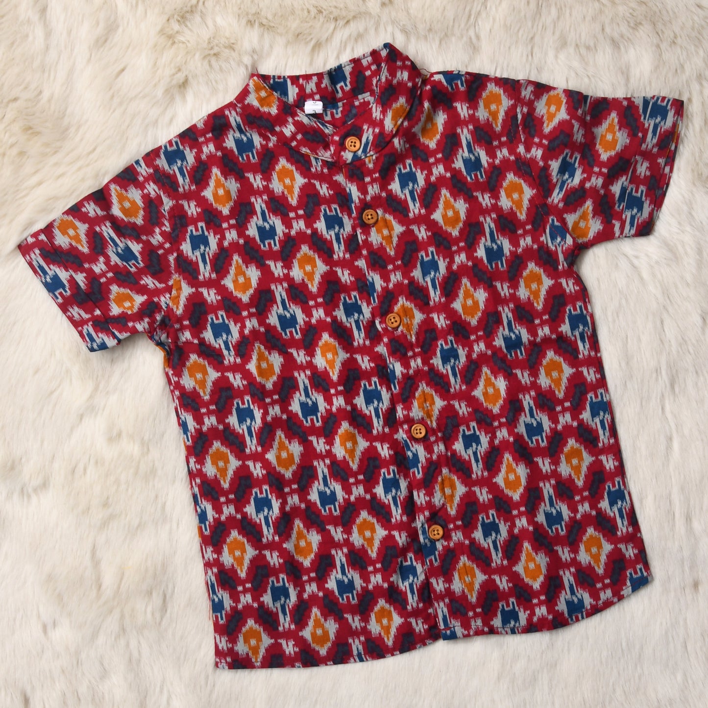Indian print pochampally red - casual, comfortable, breathable, soft organic 100% cotton chinese collar shirt for baby boy