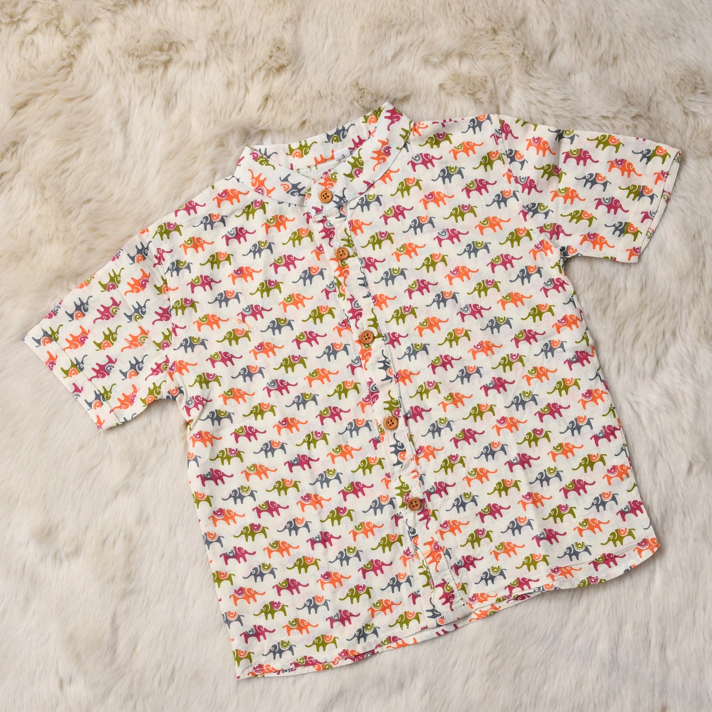 Indian print elephant white - casual, comfortable, breathable, soft organic 100% cotton chinese collar shirt for baby boy