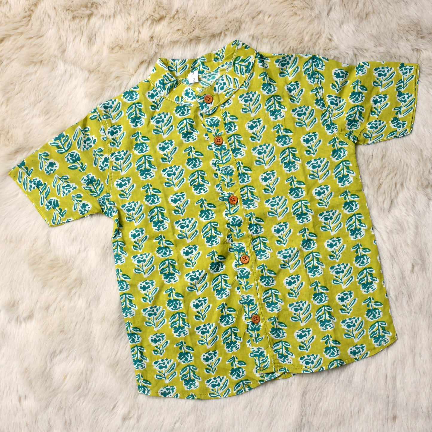 Indian print floral bright green - casual, comfortable, breathable, soft organic 100% cotton chinese collar shirt for baby boy