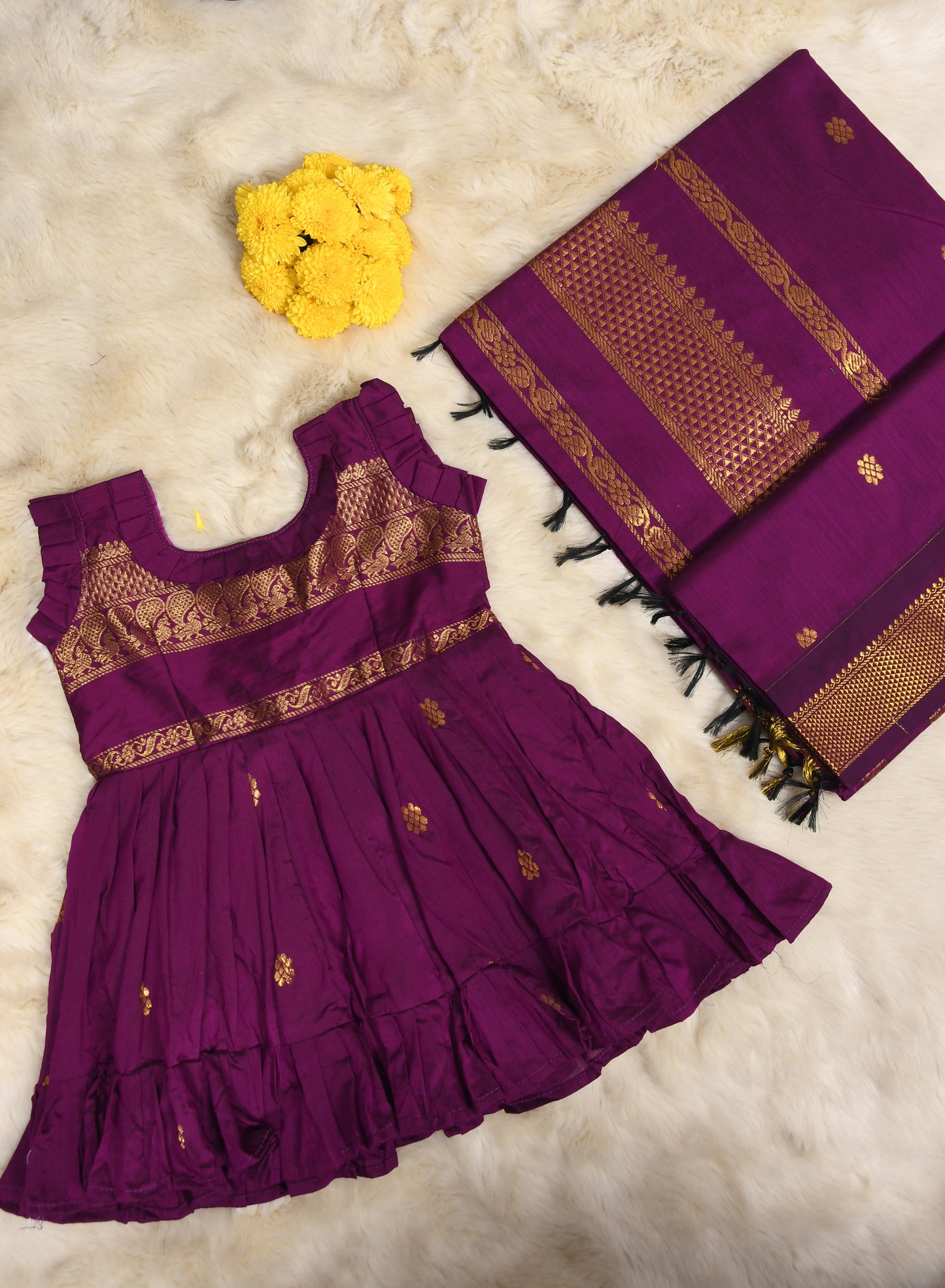 Grape wine - frock & cotton silk saree mom and daughter combo set