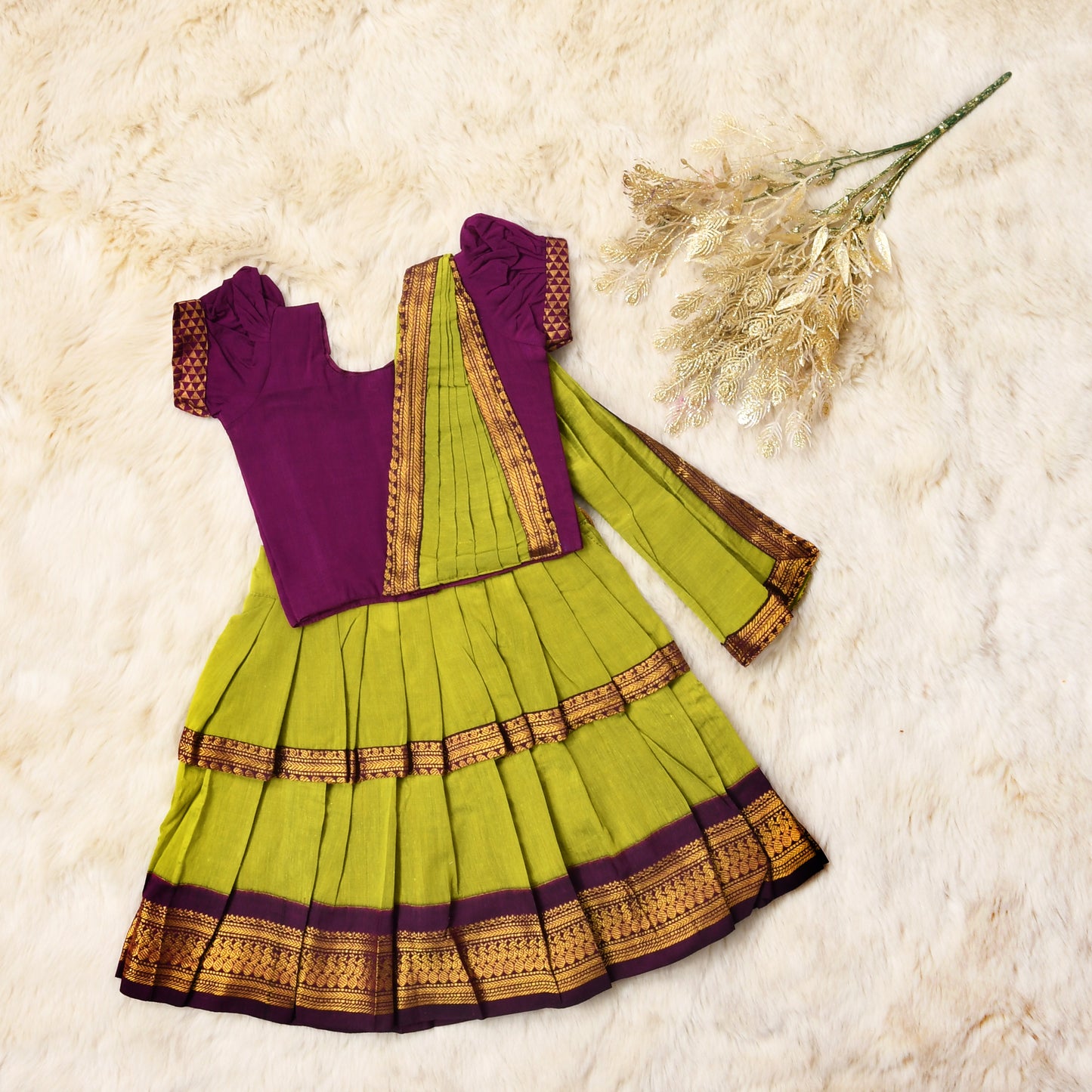 Green and wine traditional half saree for girls, ethnic wear for baby girl (100% Pure Cotton)