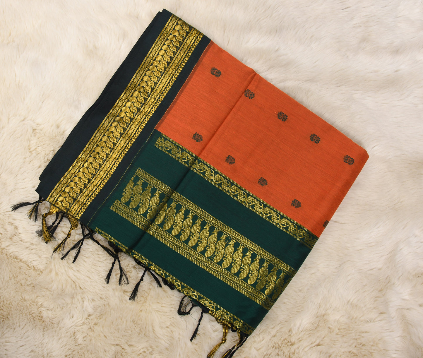 Rusty Orange with Green Border Premium Cotton Silk Saree with Contrast Blouse