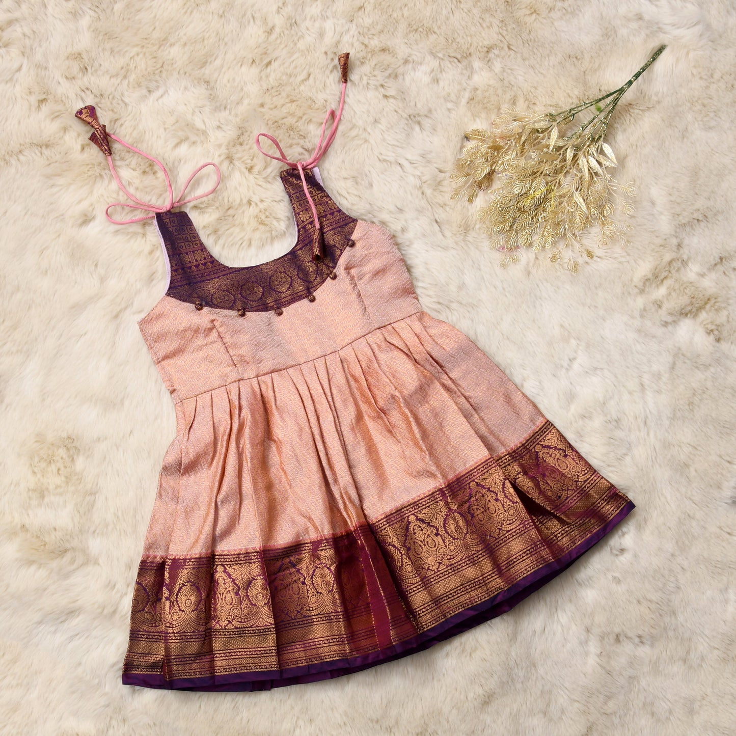 Samriddi - peach pink with deep purple pattu silk ethnic wear for baby girl