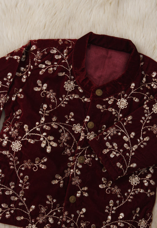 Maroon Velvet Kurta for baby boy ethnic top wear