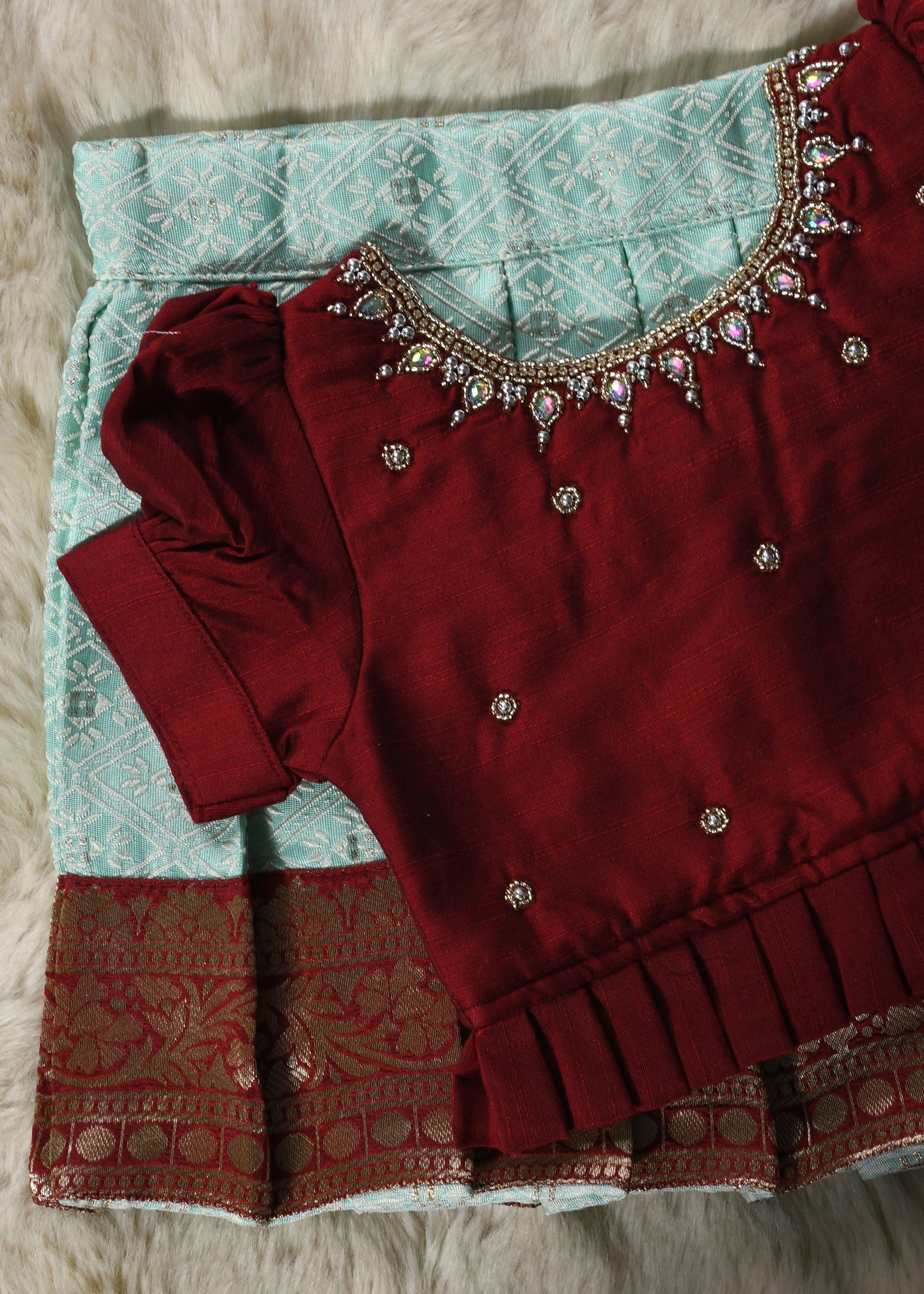 Maroon and sky blue hand work embroidery langa blouse / pattu pavadai / lehenga ethnic wear for baby girl