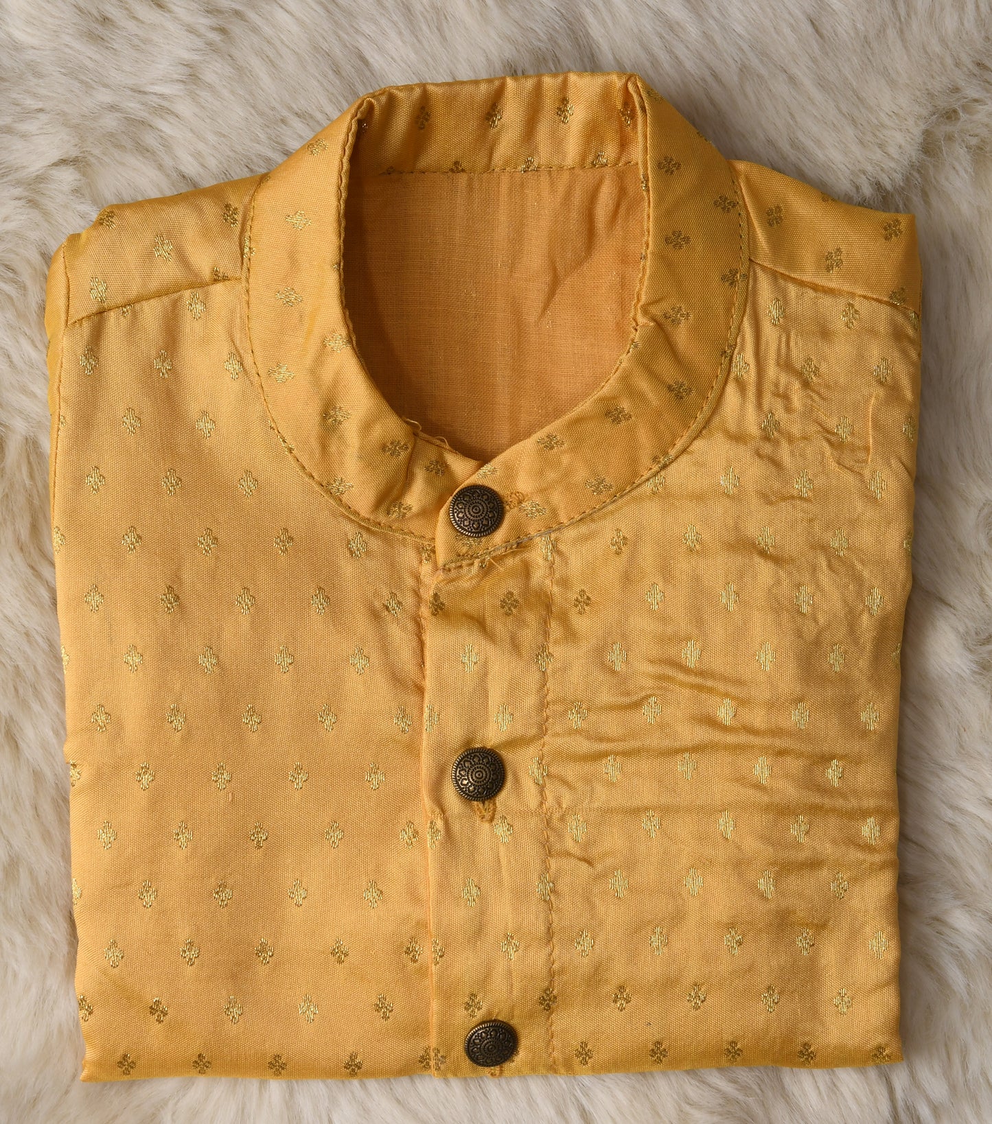 Golden hue semi silk kurta baby boy ethnic Kurta with green dhoti set
