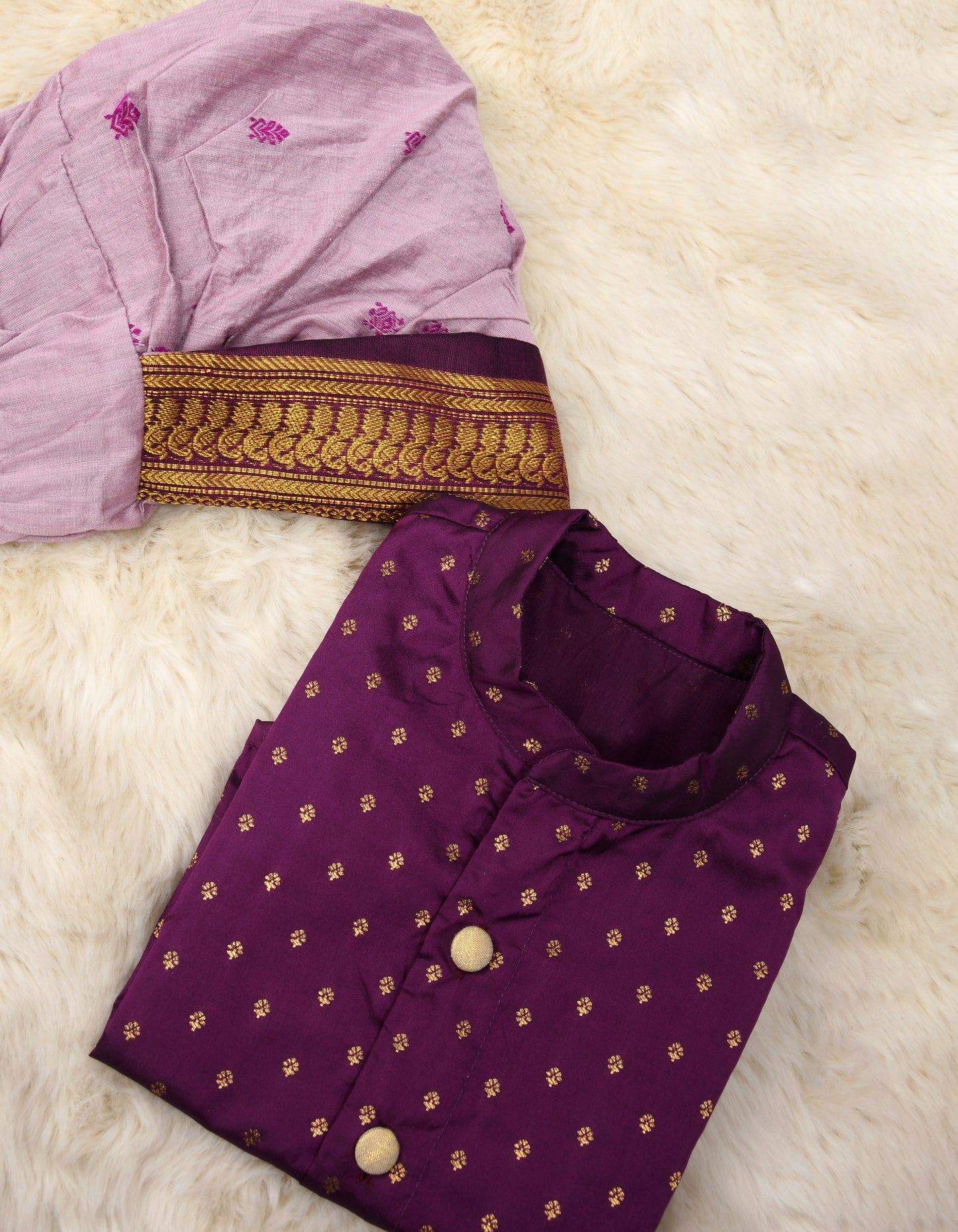 Dhoti Kurta for Baby Boy – Wine Semi-Silk Kurta & Lavender Dhoti with Zari Border