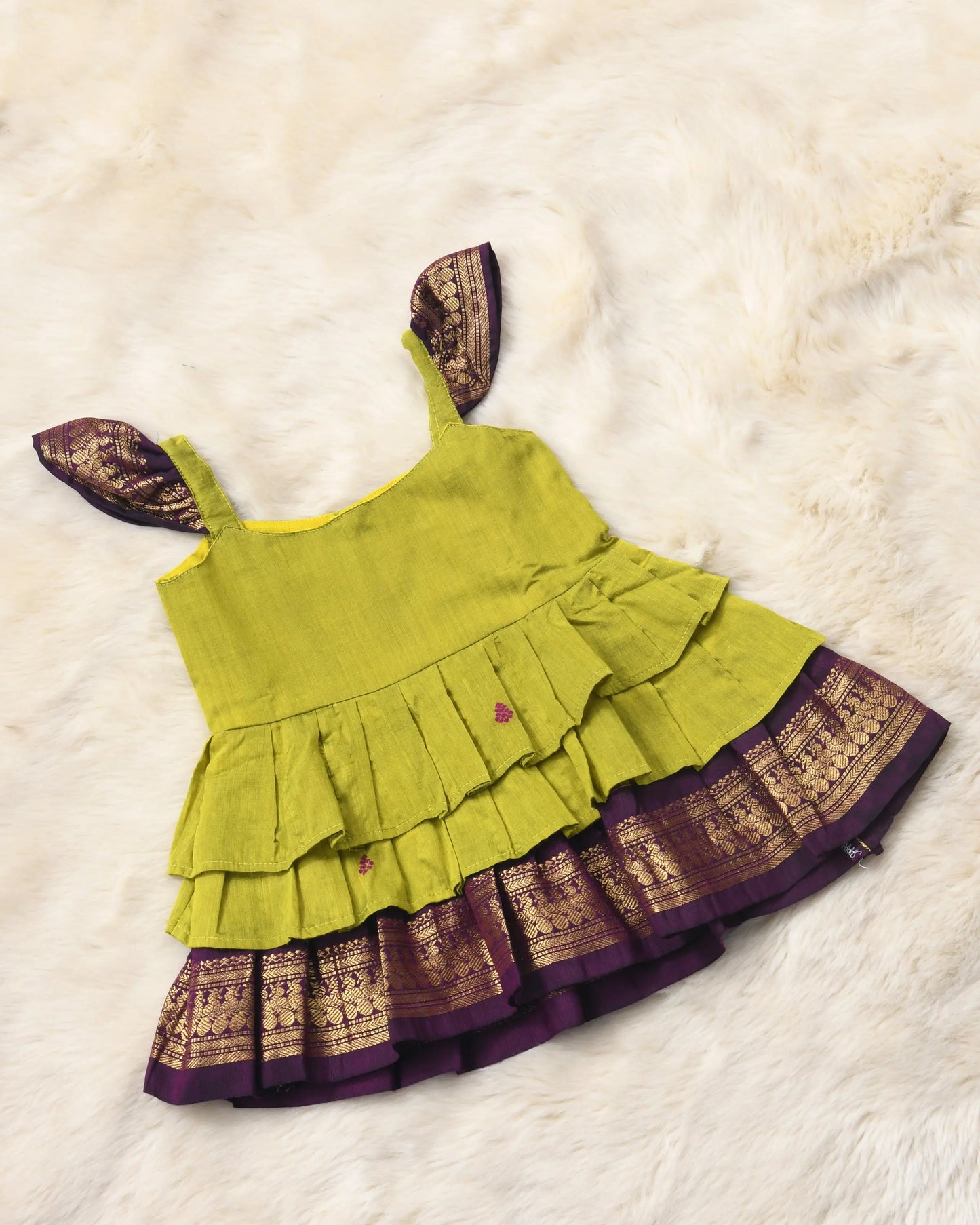 Green with wine - Cotton Silk 3 Layered South Indian Ethnic Frock for Baby Girl