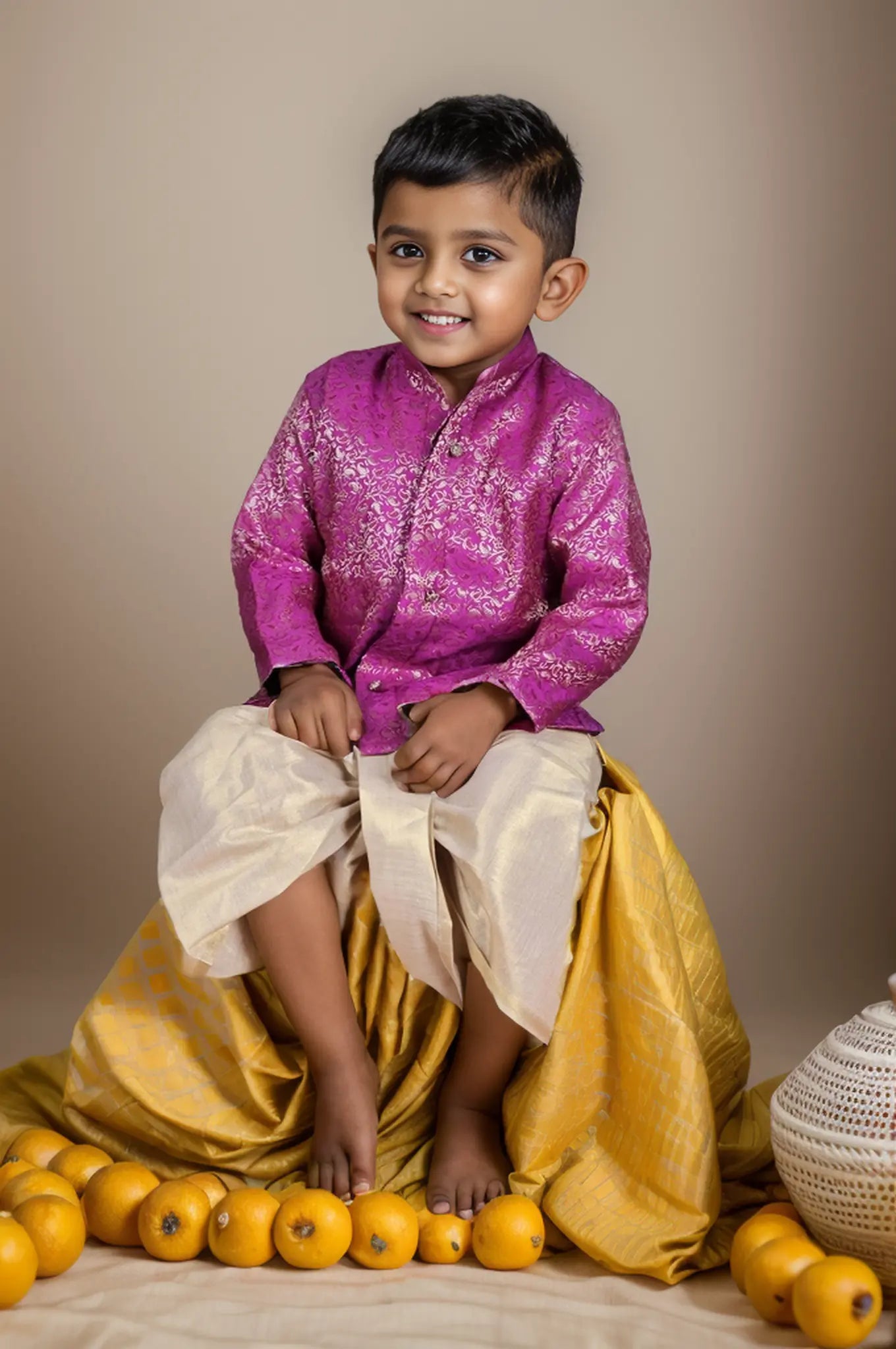 Pinkish purple and gold kurta dhoti pure silk set ethnic wear for baby boy